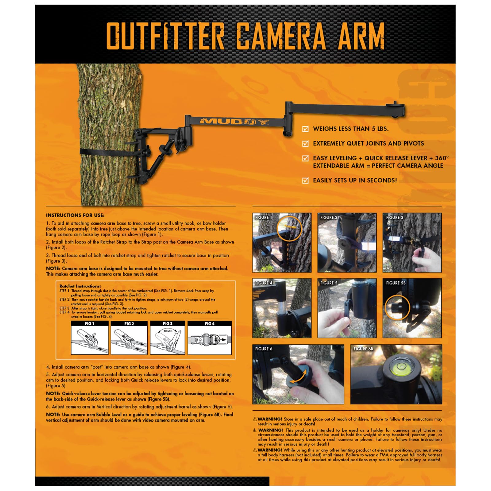 Camera Arm Muddy Outfitter with Steel Construction, 360-Degree Extension, Bubble Level, and Quick Release Lever Adjustments (Black)