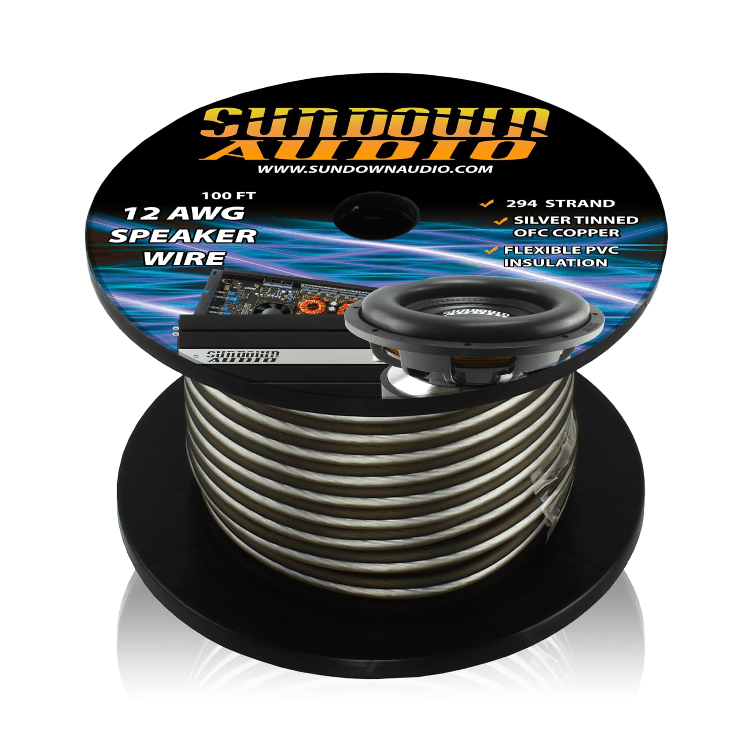 12 AWG Sundown Audio CBL-12SPKR100 Power Cable – 100FT Spool, Silver Tinned OFC Copper, 294 Strands, Ultra-Flexible PVC – High Current Car Audio Amplifier & Subwoofer Wire (Silver)
