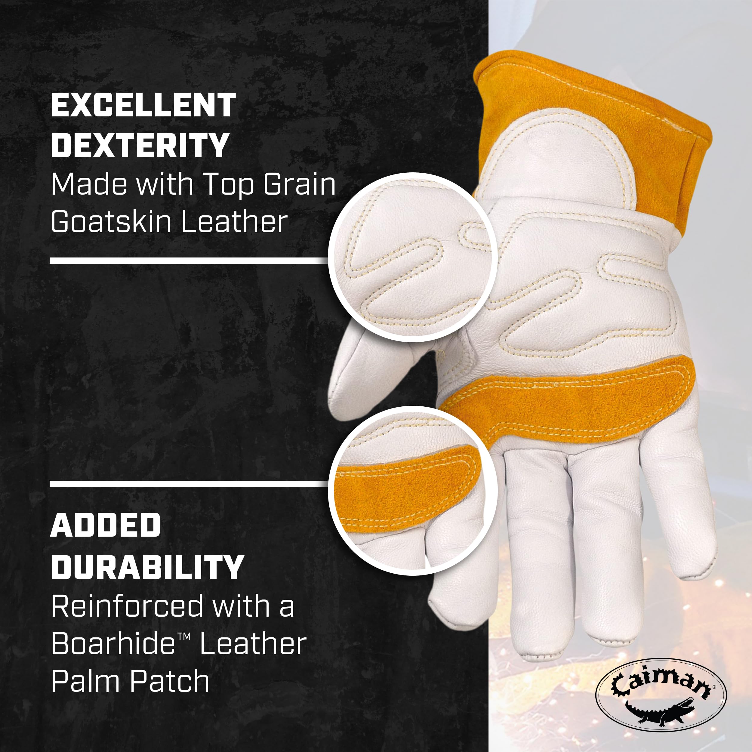 Caiman Goat Grain Premium TIG/MIG Welding Gloves with Wool Insulated Back, Scalloped Cuff, Boarhide Palm, Unlined, Reinforced Thumb, Kevlar, Kontour Design, White/Gold, Large (1871-5)