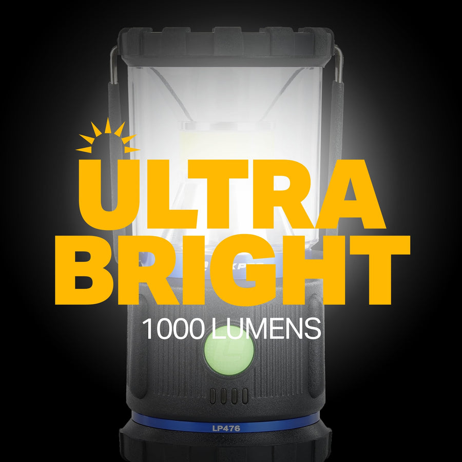 Large Broadbeam Lantern LUXPRO LP476 with Red Light - 1000 Lumens Max Output - Battery-Powered Camping Lantern with Glow-in-The-Dark Button - Premium Electric Lantern