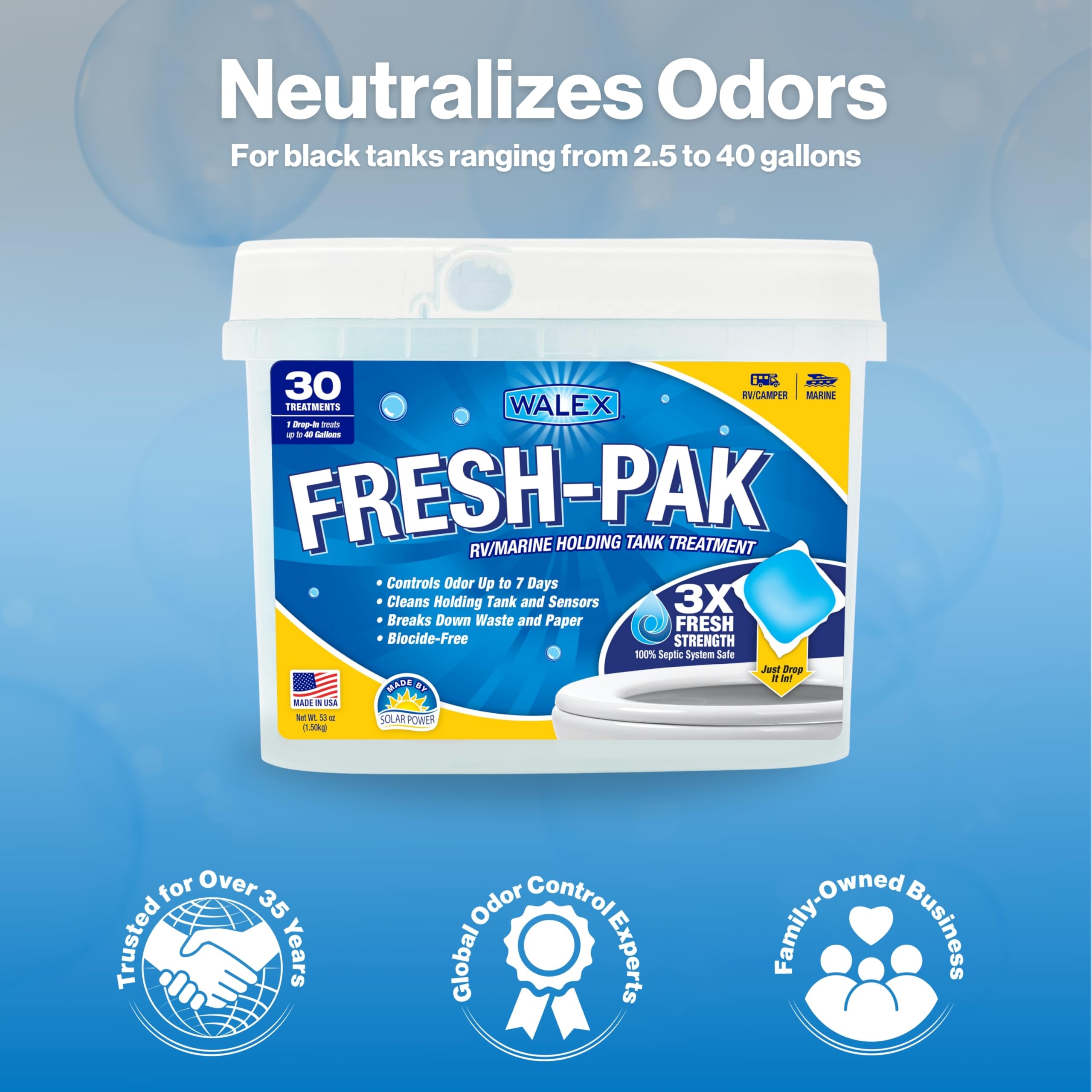 Walex RV/Marine Fresh-Pak Holding Tank Treatment - Black Water Holding Tank Deodorizer for Rapid Breakdown of Waste & Toilet Paper, Neutralizes Odors, Septic Tank Safe, Fresh Scent (Pack of 30)