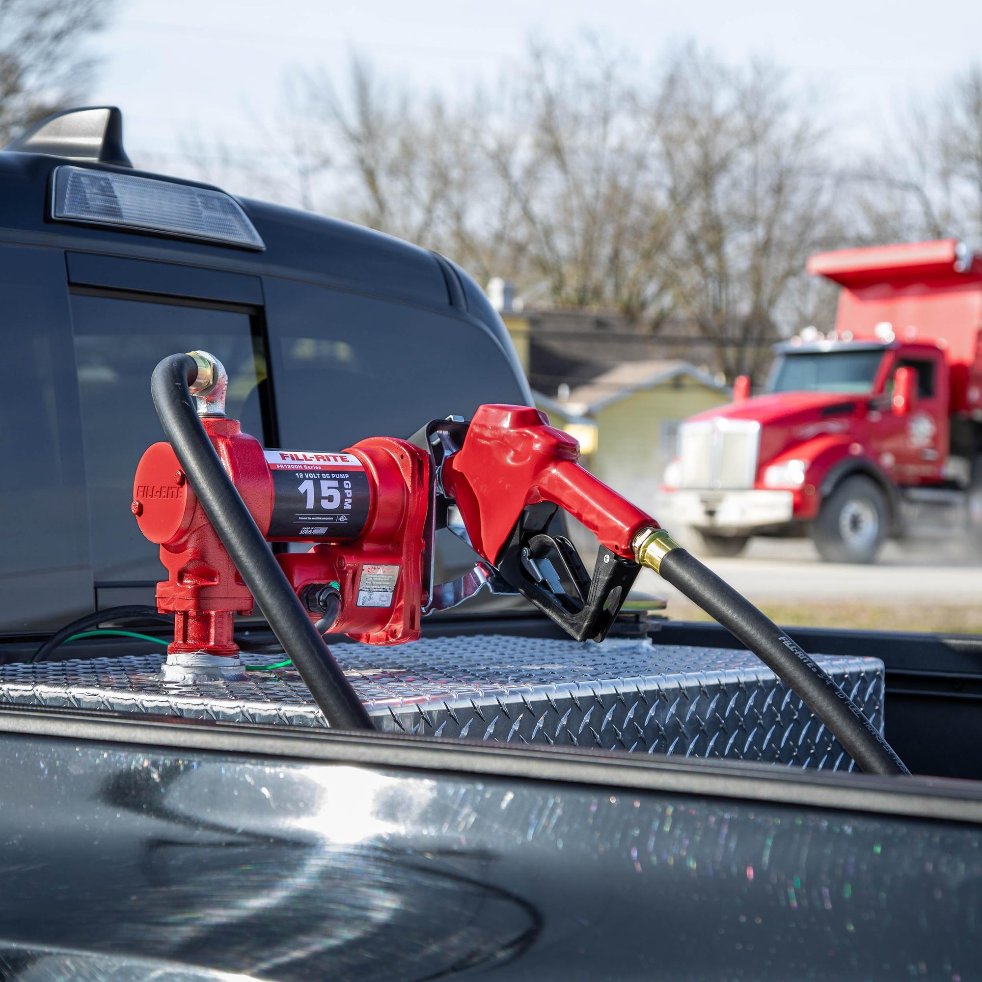 Fill-Rite 12V FR1210HA 15 GPM Fuel Transfer Pump with Discharge Hose & Automatic Nozzle, Red | Gasoline, Diesel, Kerosene, Ethanol & Methanol Blends & Biodiesel