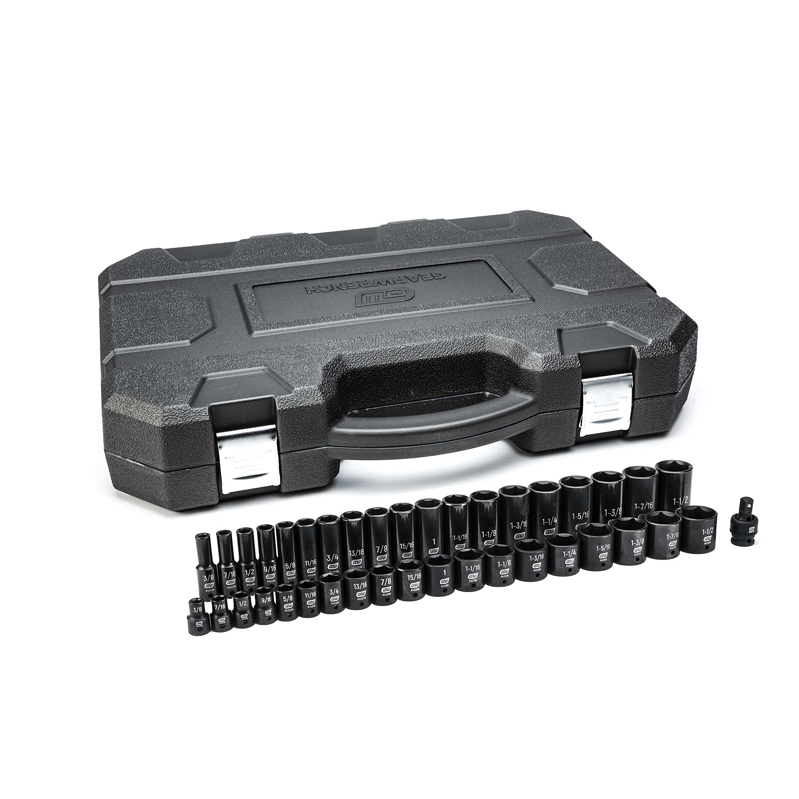 39 Pc. GEARWRENCH 1/2" Drive 6 Pt. Impact Socket Set, Standard & Deep, SAE - 84947N, Black