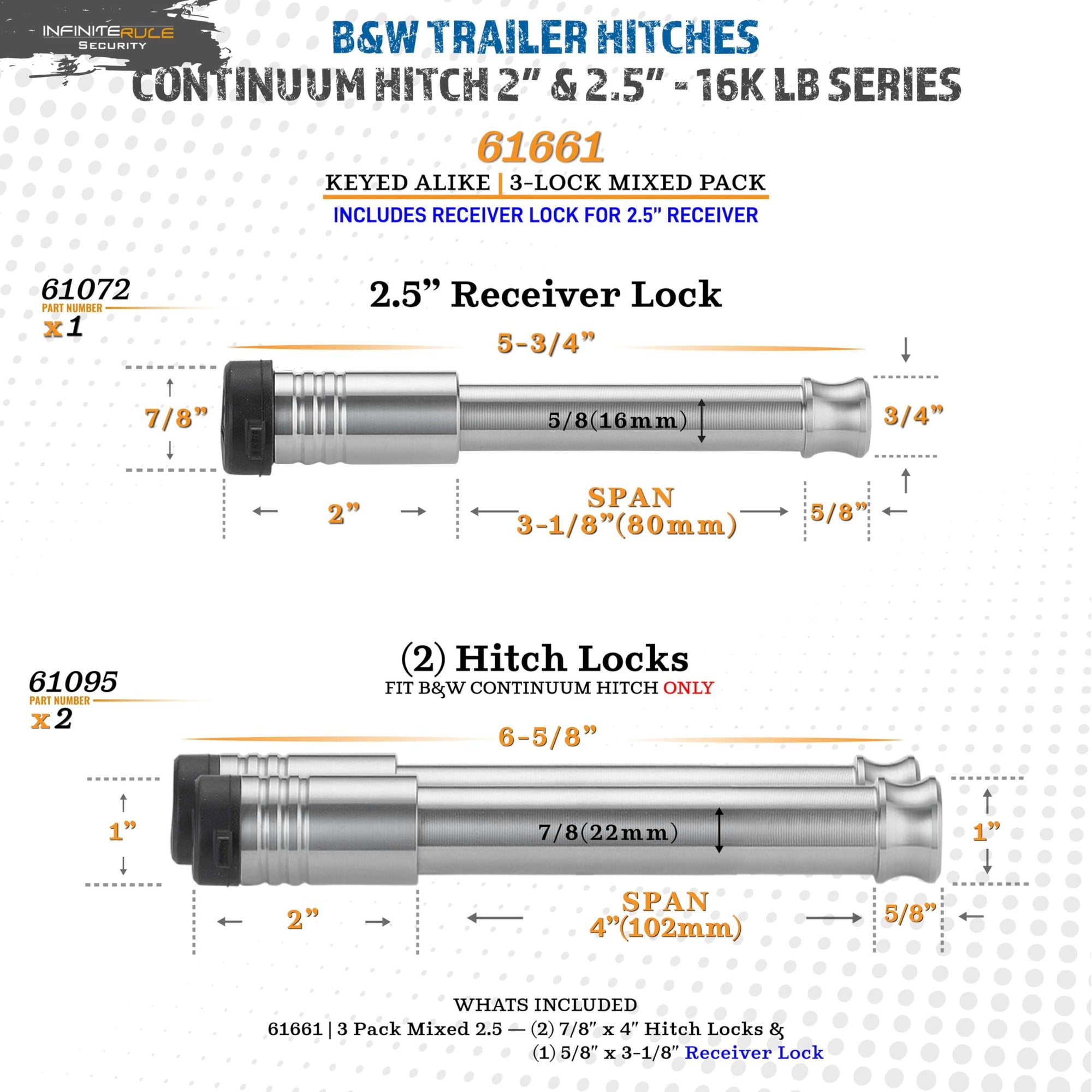 3 Pack Mixed, Keyed Alike, Hitch Locks for B&W 2.5" & 2" Continuum Hitch - Includes Lock for 2.5" Receiver