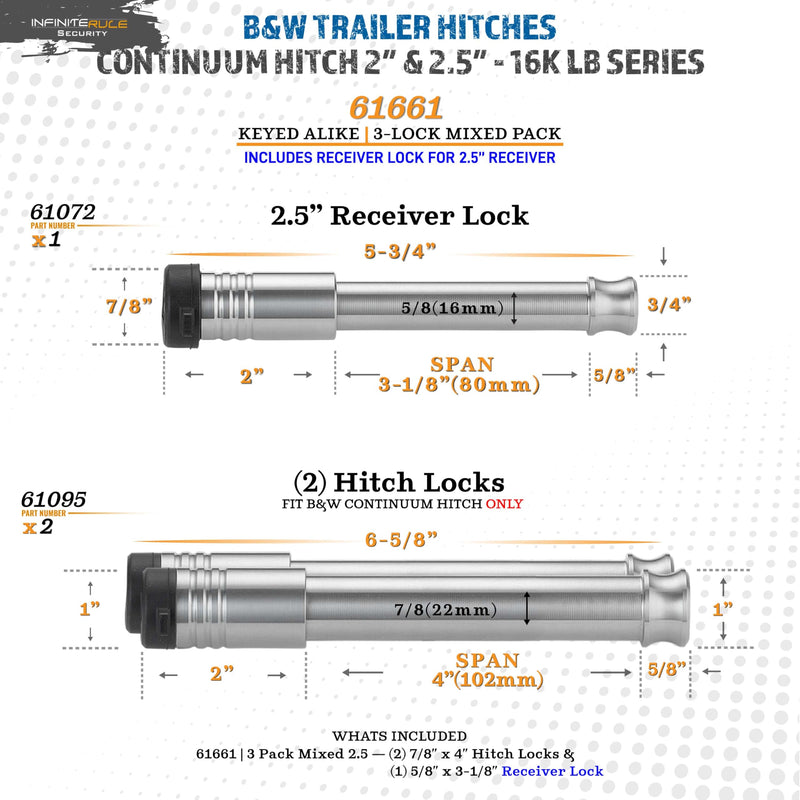 3 Pack Mixed, Keyed Alike, Hitch Locks for B&W 2.5" & 2" Continuum Hitch - Includes Lock for 2.5" Receiver