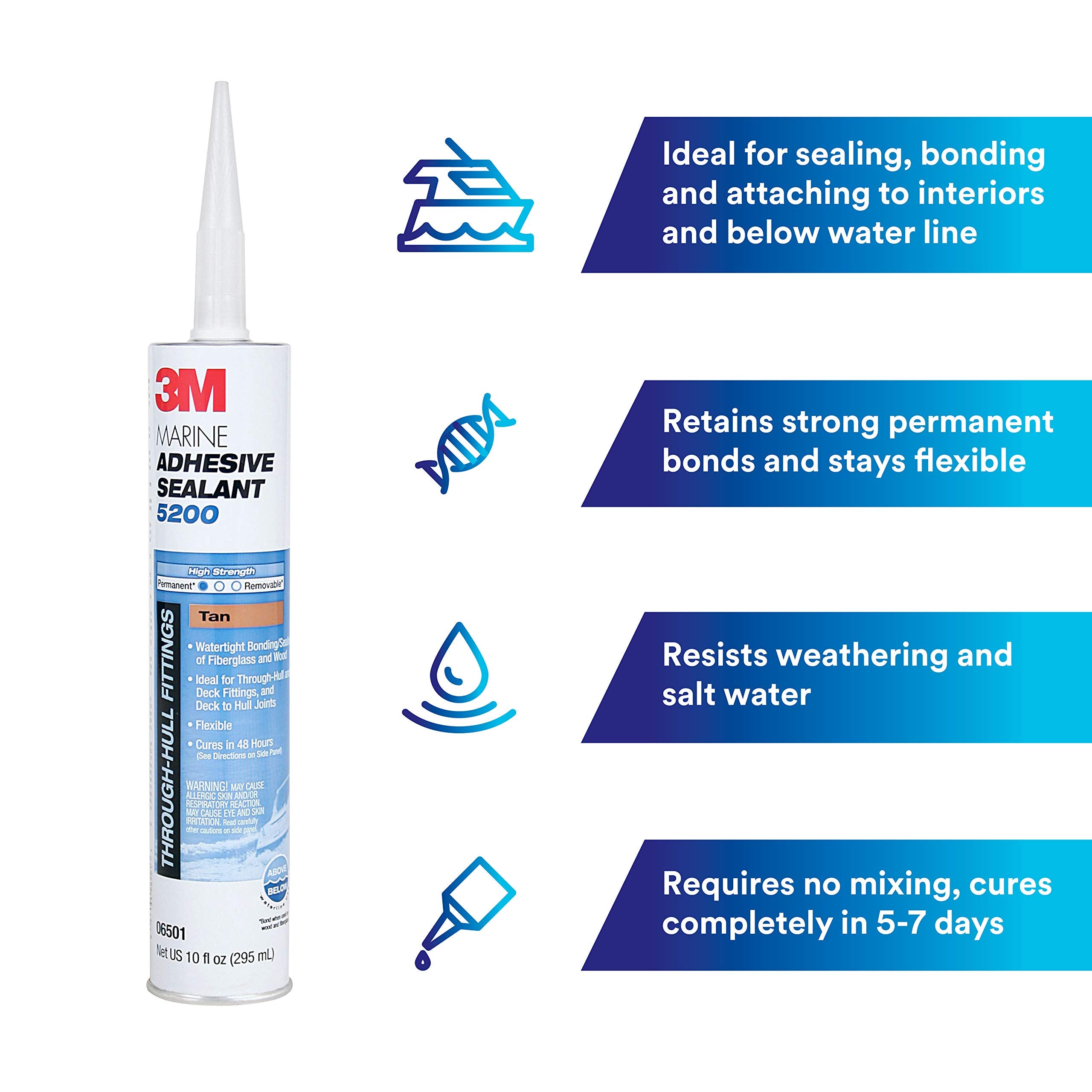 3M Marine Sealant Adhesive 5200 (06501) Permanent Bonding and Sealing for Boats and RVs Above and Below the Waterline Waterproof Repair, Tan, 10 fl oz Cartridge