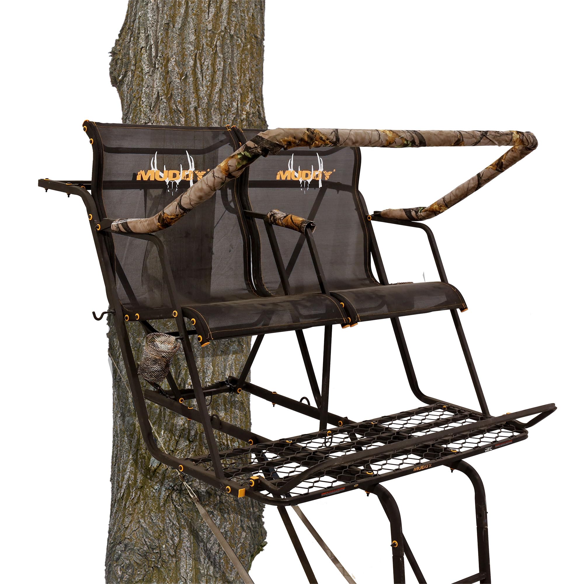 Muddy 2.5 Boss Stronghold Deer Hunting 18 Foot 2 Person Ladderstand Tree Stand with Lumbar Seat and Expanded D Force Metal Platform