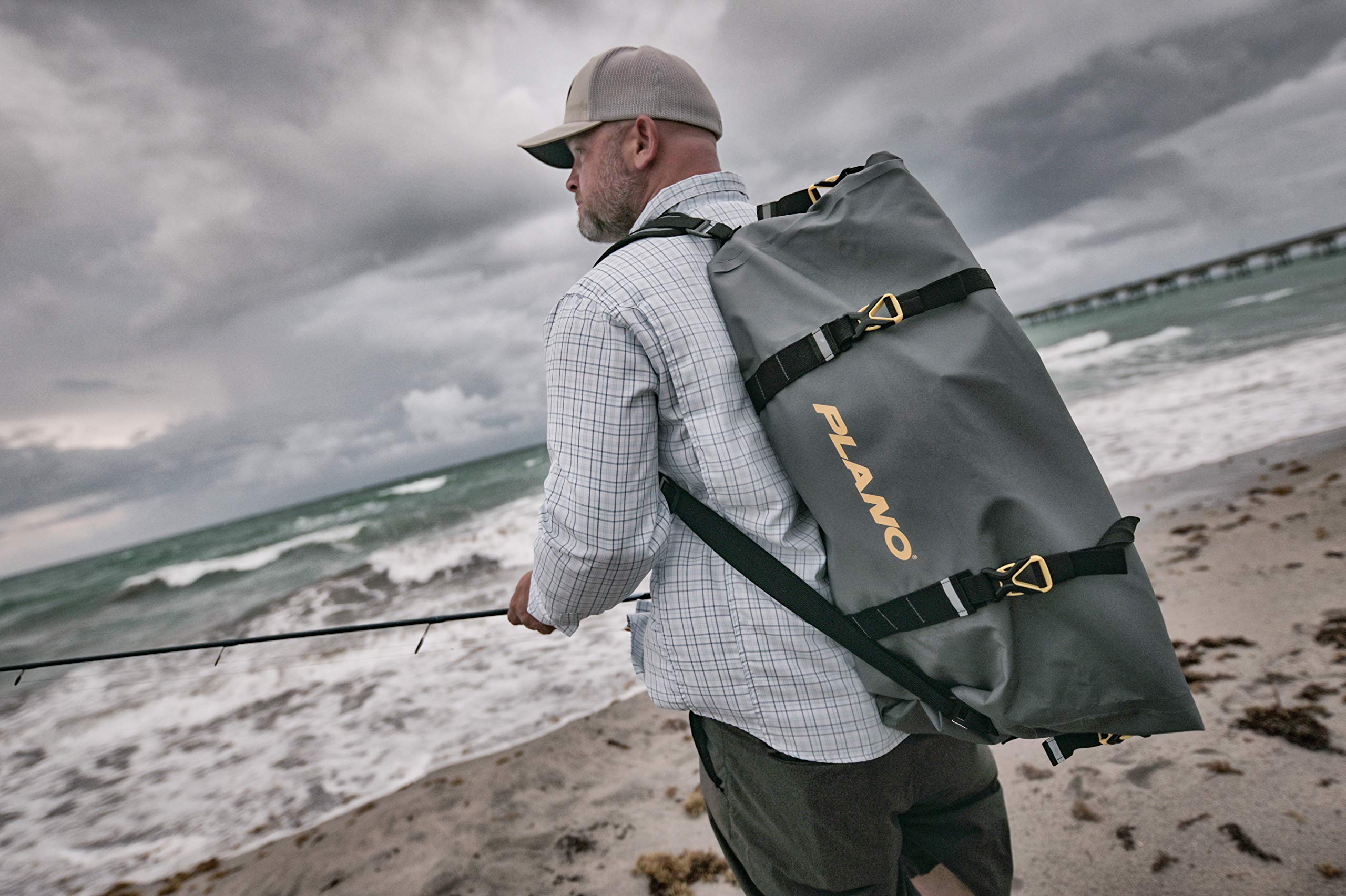 Z-Series Plano Roll-Top Waterproof Duffel with Backpack Straps, Gray with Yellow Accents, 500D PVC Fabric Fishing Dry Bag, Soft Fishing Duffel Bag Storage