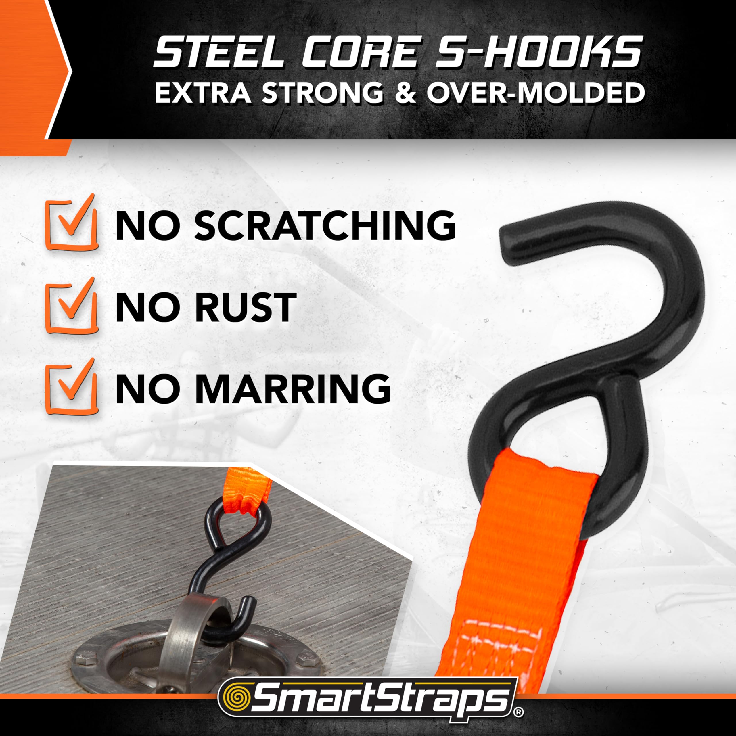 10-Foot SMARTSTRAPS Ratchet Straps (4pk) – 3,000 lbs Break Strength – 1,000 lbs Safe Work Load Haul Heavier Loads Like Motorcycles, Boats and Large Appliances – Heavy-Duty Padded Tie-Downs, ORANGE (149)