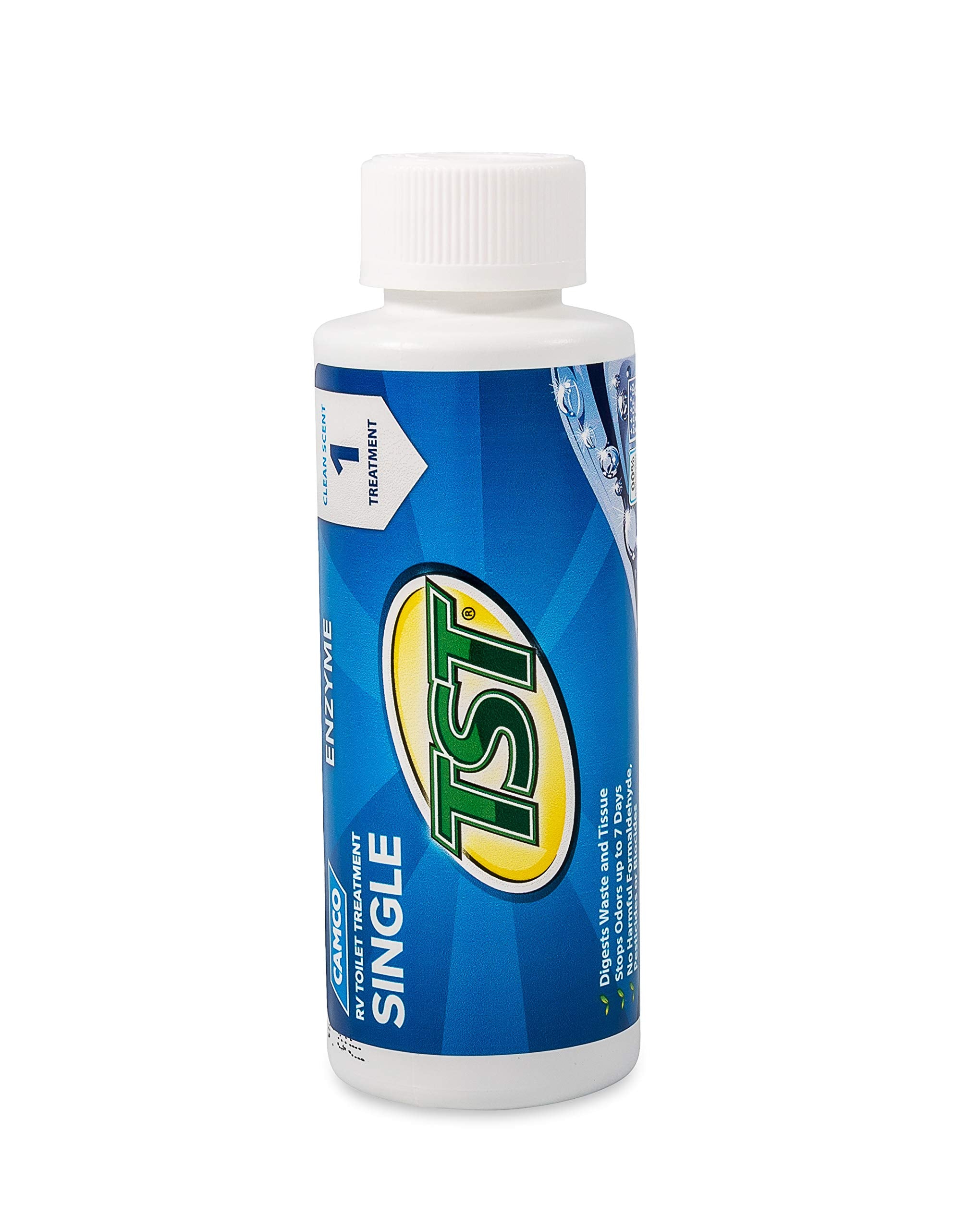 Camco TST Blue Toilet Enzyme Treatment - Formaldehyde Free - Breaks Down Waste And Tissue - Septic Tank Safe -Treats up to 8-40 Gallon Holding Tanks - (8) 4 oz Bottles (41501)