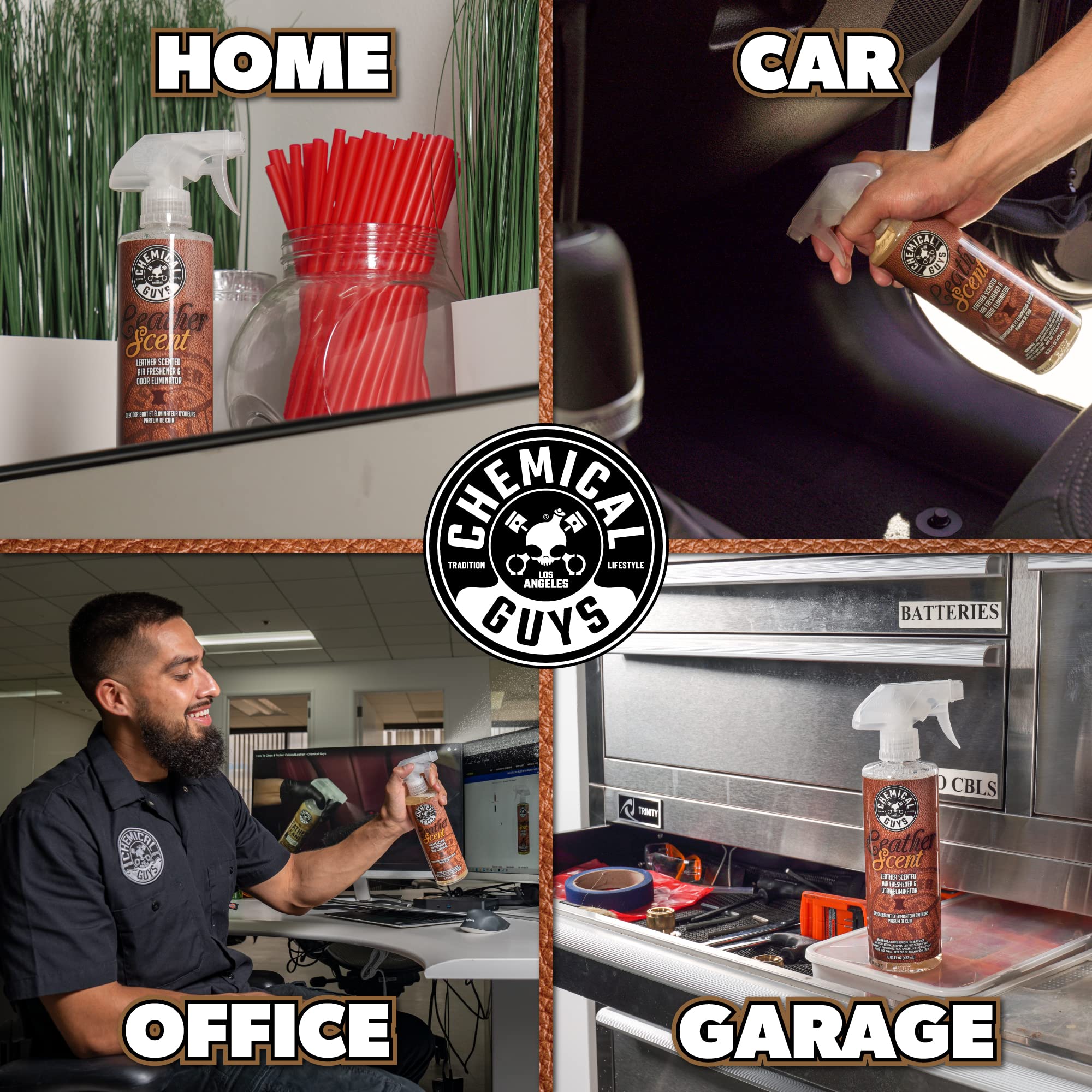 Leather Scent Chemical Guys Premium Air Freshener & Odor Eliminator – Car Air Freshener Leather Scent– Eliminates Odors and Refreshes Cars, Trucks, SUVs and RVs, 16 oz