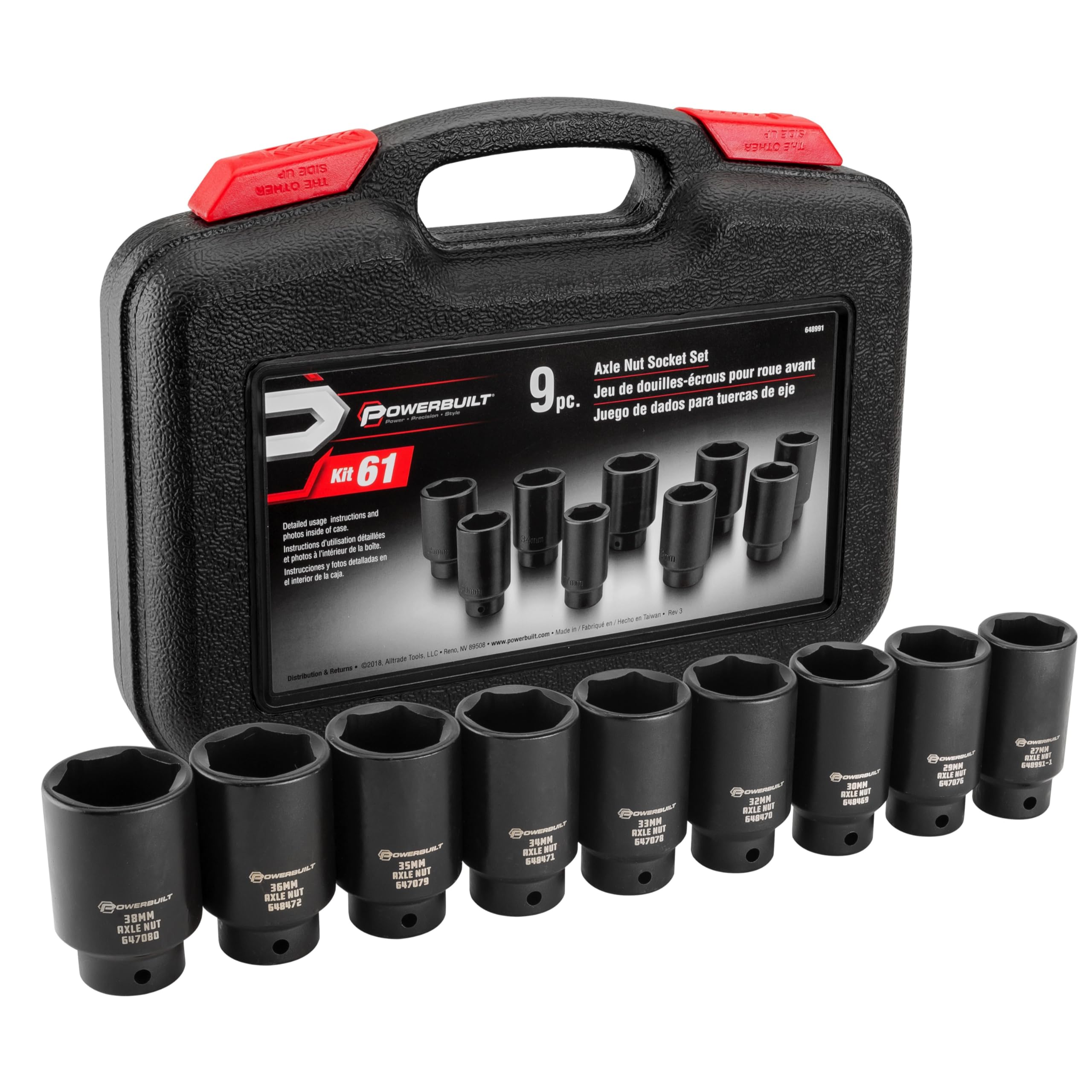 9 Piece Powerbuilt Deluxe Axle Nut Socket Set, Tools for Removing Front Wheel Axle Nuts, Foreign Vehicles - 648991