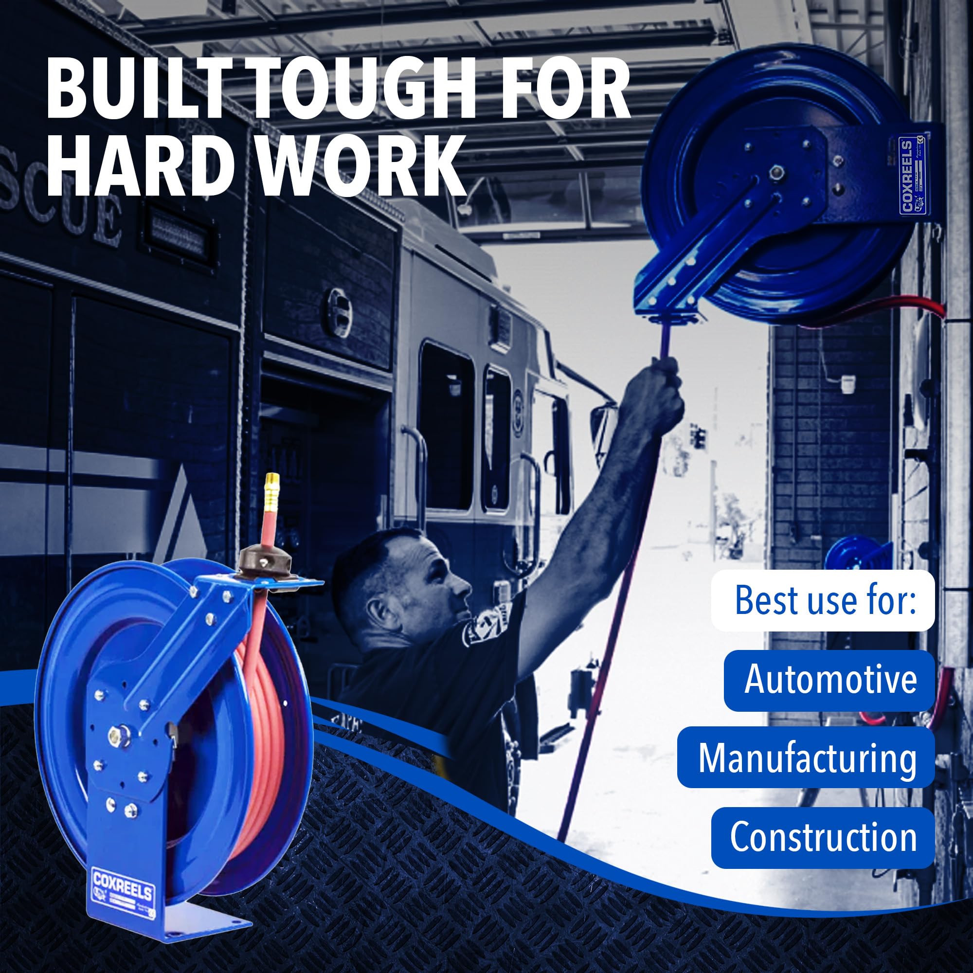 Coxreels Retractable Air/Water Low-Pressure Hose Reel, P-LP-350 Series, 3/8 in x 50 in 300 PSI - Easy-to-Use Compact Design- Heavy-Duty Steel Construction, Made in the USA