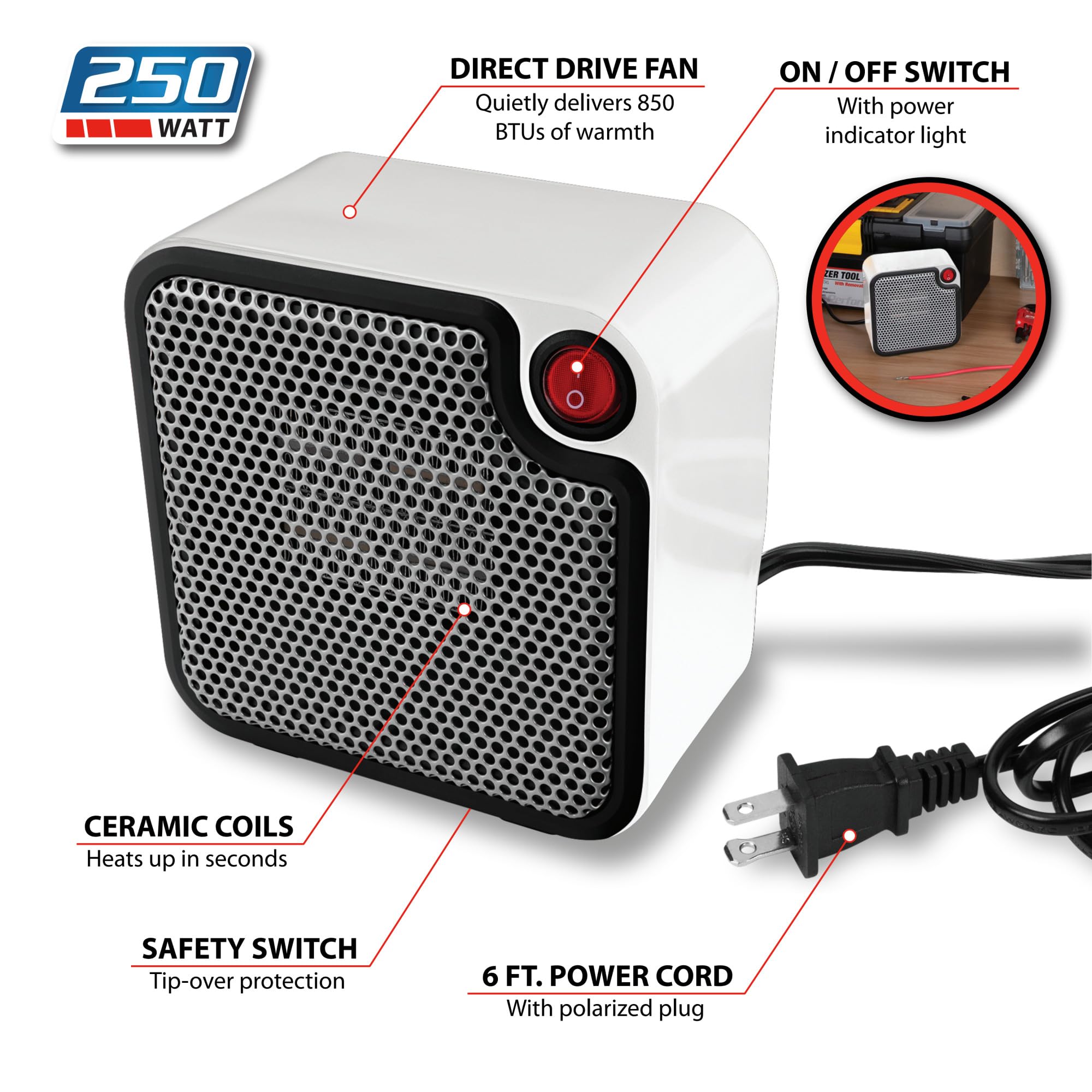 W5011 Performance Tool 250W Personal Space Heater, White