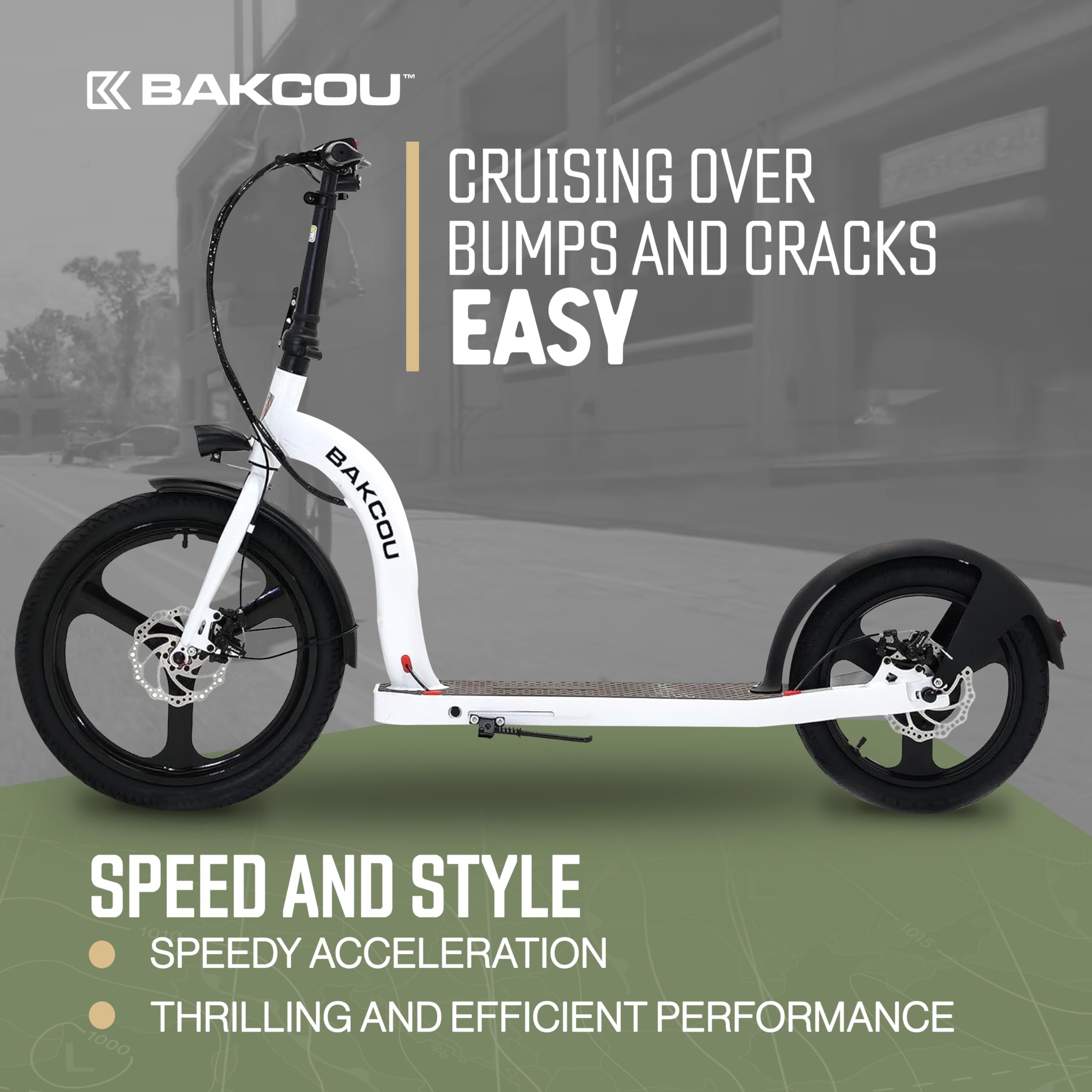 Bakcou - Electric Scooter Foldable Badger with Seat - Gloss White - 350W Motor 36V Battery, Large Wheels, Disc Brakes with Lights, Horn & Charger