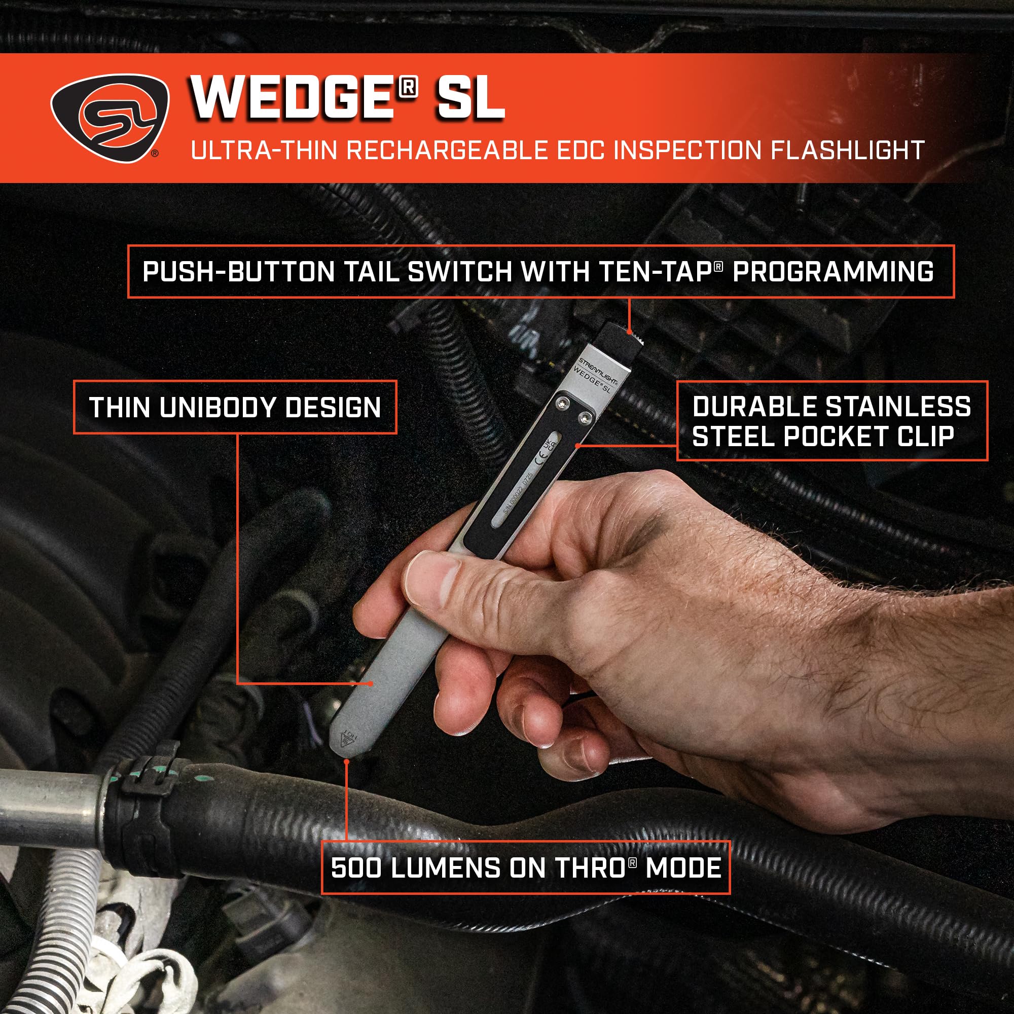 Wedge SL Streamlight 88842 500-Lumen Max 100-Lumen Standard 1,600-Candela Ultra-Thin Rechargeable EDC Inspection LED Flashlight, Silver