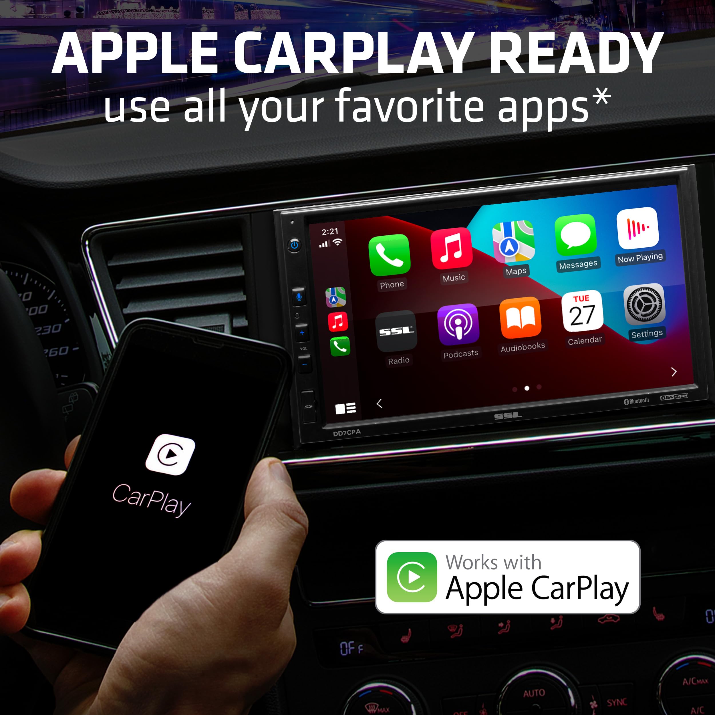 Sound Storm Laboratories Car Audio DD7CPA-C Stereo – Apple CarPlay Android Auto, Double Din 7 Inch Touchscreen, Bluetooth Audio and Hands-Free Calling, No CD DVD Player, Radio Receiver, Backup Camera