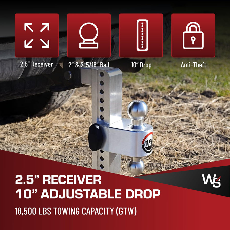 Weigh Safe Adjustable Hitch Trailer Ball Mount - 10" Adjustable Drop Hitch for 2.5" Receiver - Premium Heavy Duty Aluminum Trailer Tow Hitch w/ Chrome Plated Tow Balls (2" & 2 5/16") - 18,500 lbs GTW
