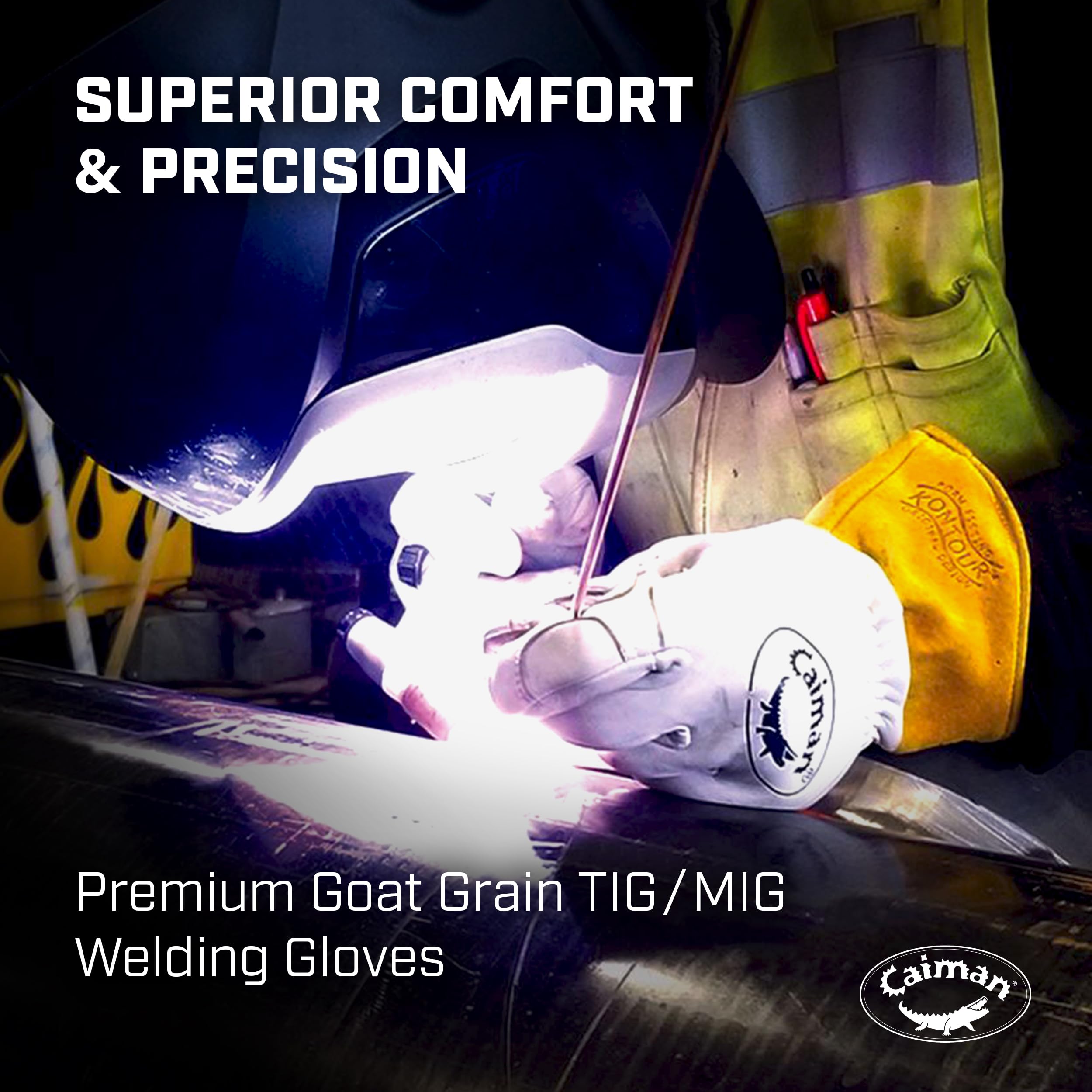 Caiman Goat Grain Premium TIG/MIG Welding Gloves with Wool Insulated Back, Scalloped Cuff, Boarhide Palm, Unlined, Reinforced Thumb, Kevlar, Kontour Design, White/Gold, X-Large (1871-6)