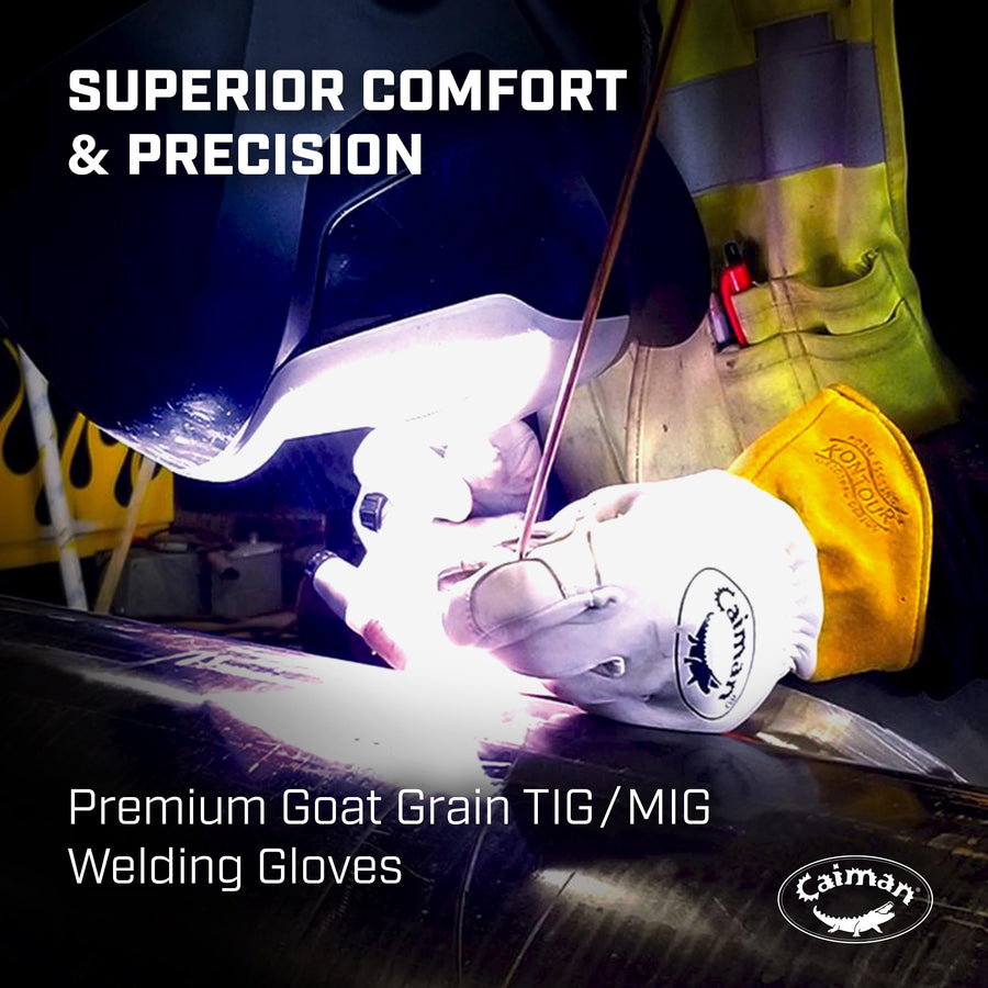 Caiman Goat Grain Premium TIG/MIG Welding Gloves with Wool Insulated Back, Scalloped Cuff, Boarhide Palm, Unlined, Reinforced Thumb, Kevlar, Kontour Design, White/Gold, Large (1871-5)