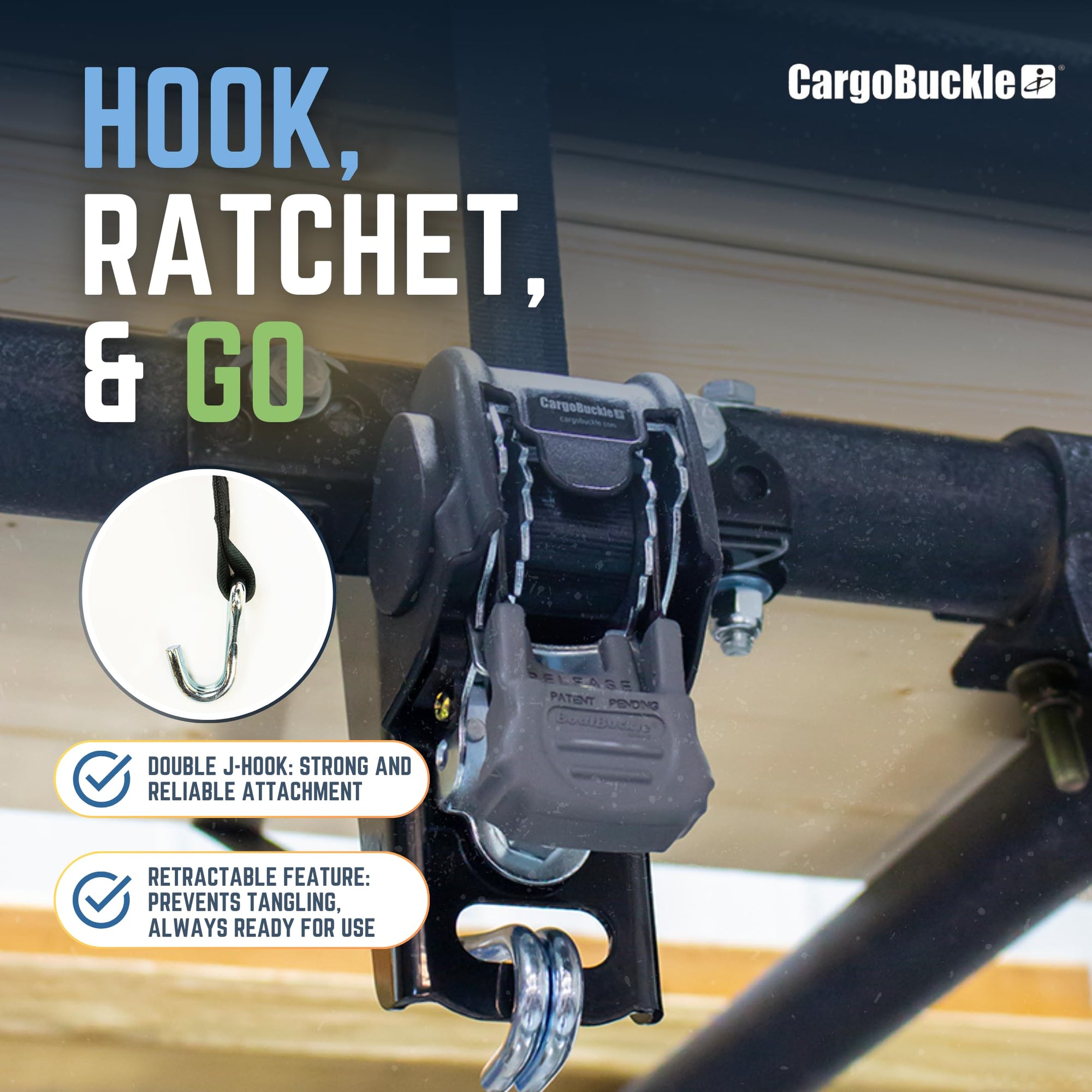 Heavy Duty CargoBuckle Ladder Rack Straps Tie-Down System, Universal Mount for Square/Round Racks, 2-Inch, 2000 Lbs Break Strength, 677 Lbs Safe Working Load, Double J-Hook, 7ft Straps - 2 Pack