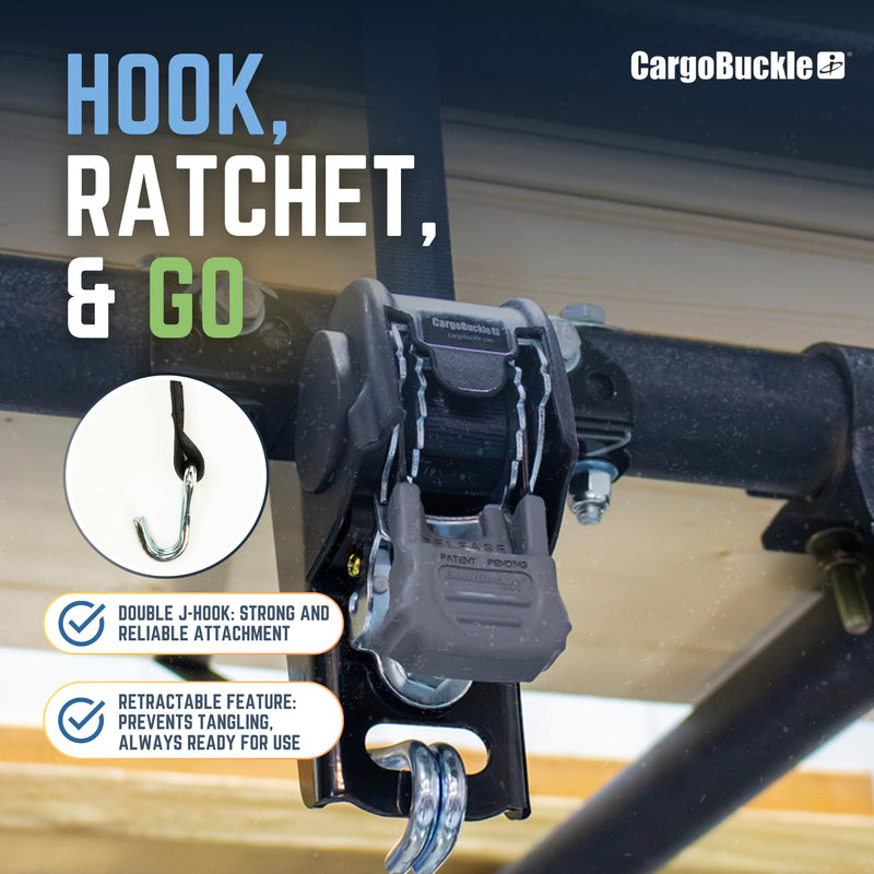 Heavy Duty CargoBuckle Ladder Rack Straps Tie-Down System, Universal Mount for Square/Round Racks, 2-Inch, 2000 Lbs Break Strength, 677 Lbs Safe Working Load, Double J-Hook, 7ft Straps - 2 Pack