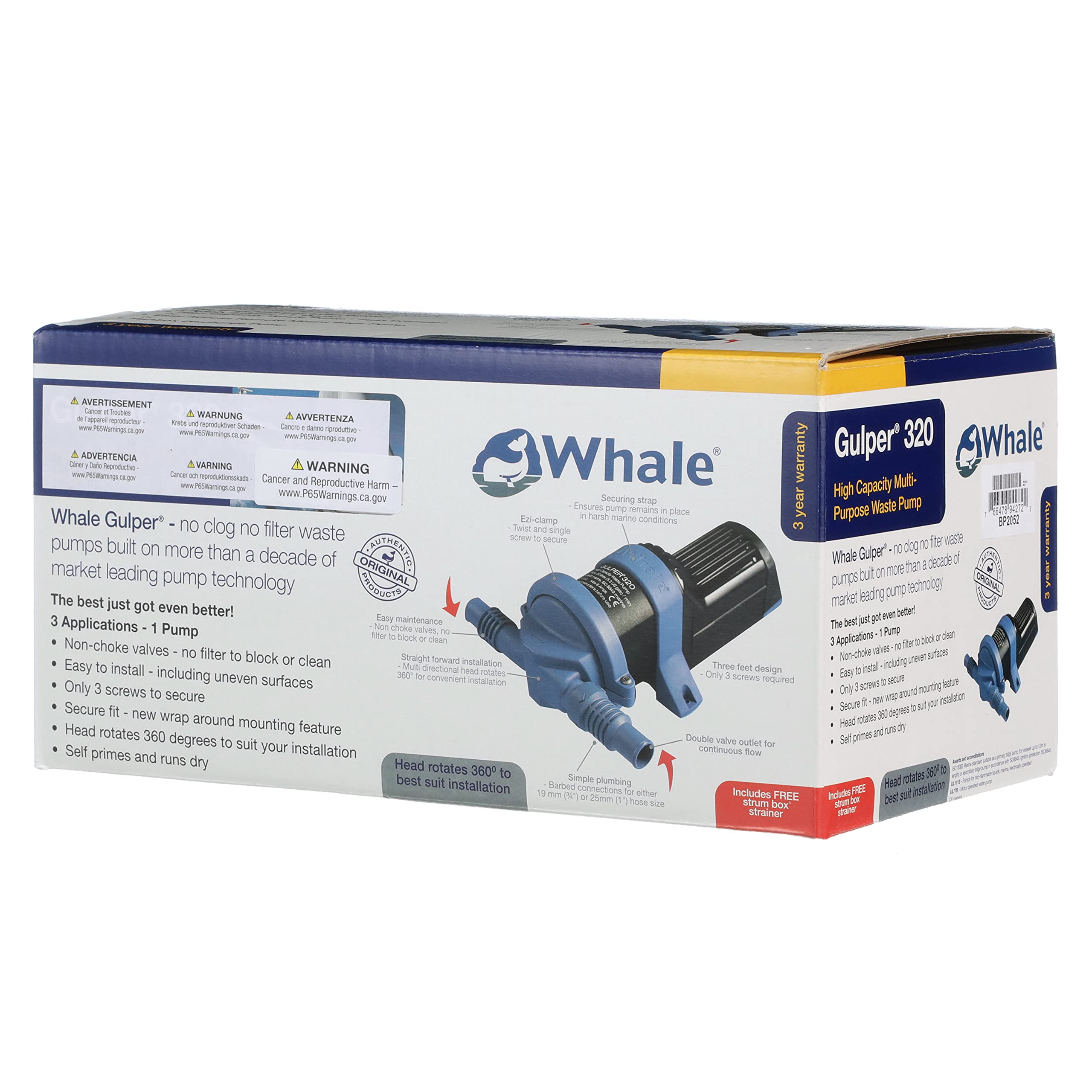 Whale Gulper 320 Pump, BP2052 Manages Gray Waste, 5.0 GPM Flow Rate, 12V DC, ¾ or 1 Inch Hose Connections, Blue, One Size