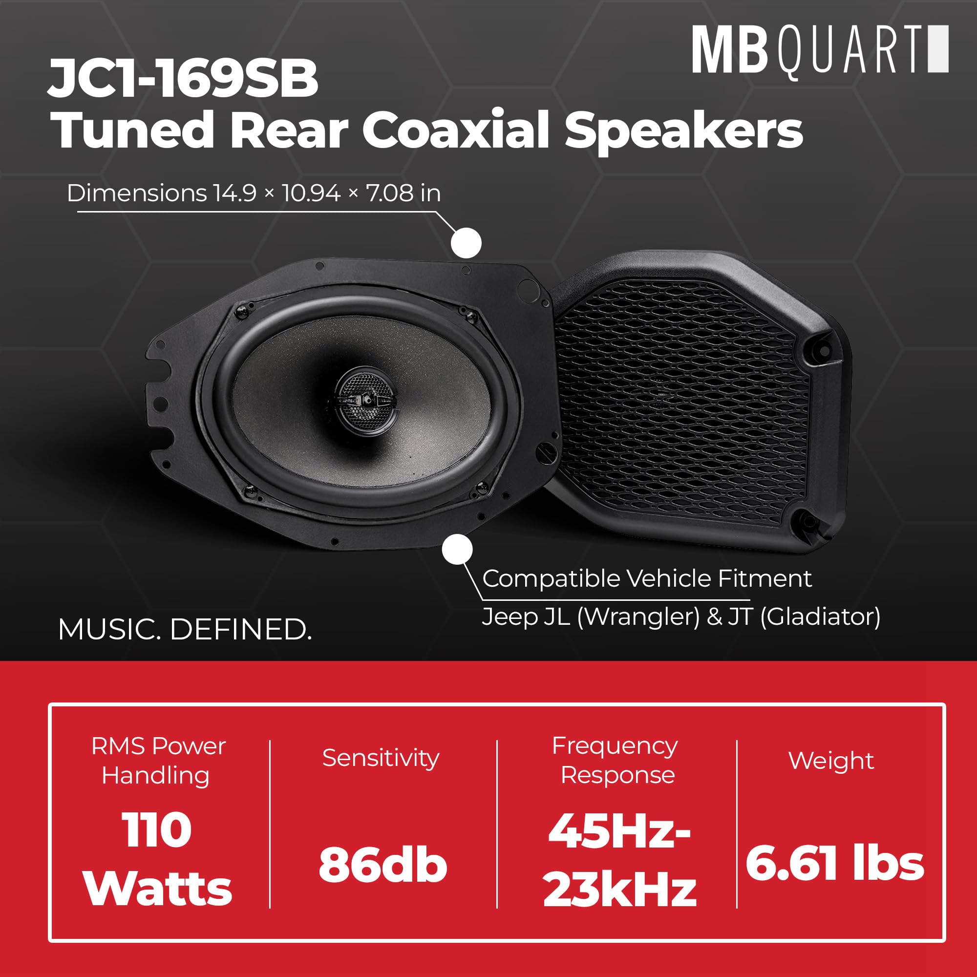 6x9-Inch MB Quart Rear Speaker Upgrade Compatible with Jeep Wrangler(JL) 2018-2023 and Jeep Gladiator(JT) 2020-2023, 220W Max, (Pair)