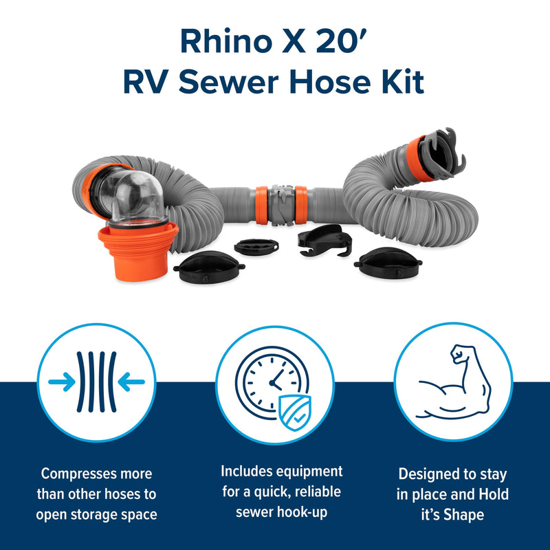 Camco 20-Ft Rhino X Camper/RV Sewer Hose Kit - (2) 10-Ft Heavy Duty RV Septic Hoses - Designed to Hold Shape & Stay in-Place - Includes 4-in-1 RV Adapter & 360° Swivel RV Sewer Hose Fittings (39390)