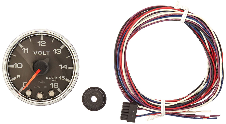 Gauge AUTO METER P34431 Voltmeter (Spek-Pro 2 1/16", 16V, Stepper Motorwith Peak & Warn, Blk/Chrm, Spek-Pro)
