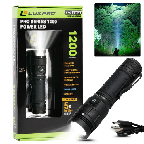 LUXPRO LED Pro Series Rechargeable High Lumens Flashlight - Compact, Waterproof Design w/ 3 Modes - Bright Flashlight for Outdoor, Emergency, Camping w/Smart Button - 1200 Lumens - XP705