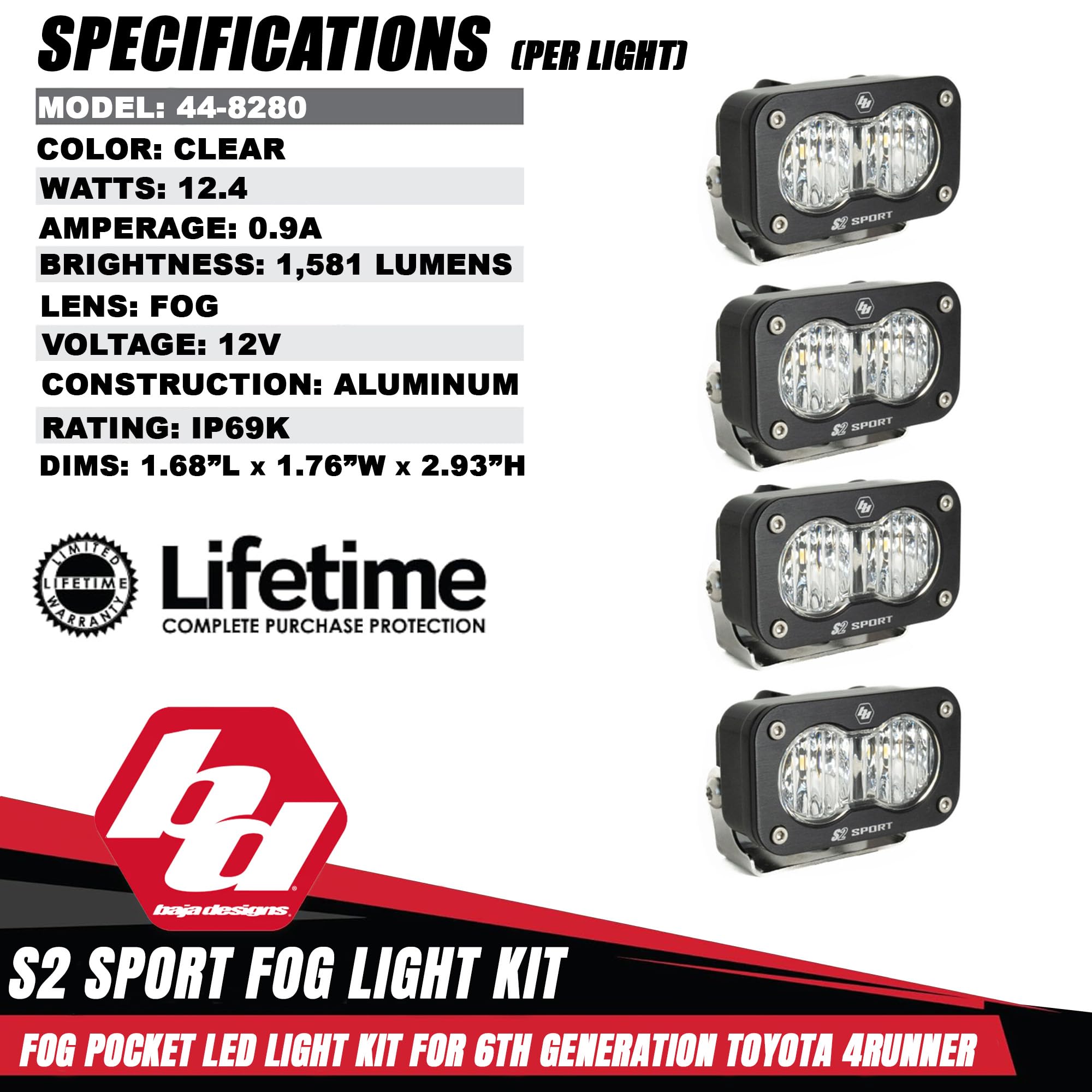 Baja Designs S2 Fog Light Kit Sport LED for Toyota 4Runner 2025+ (Non-TRD Pro) - Street Legal, 4 PCS LED with Mounting Brackets, Adapter Harness - OEM Switch Compatible (Wide Cornering; Clear)