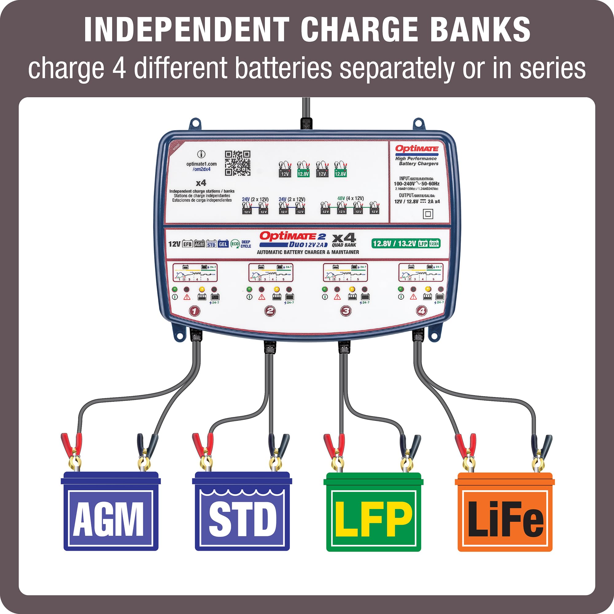 Optimate 2 Duo Tecmate x 4 Bank, TM-575, Bronze Series: 5-Step 4X 12V / 12.8V 2A Sealed Battery Charger & maintainer,Blue