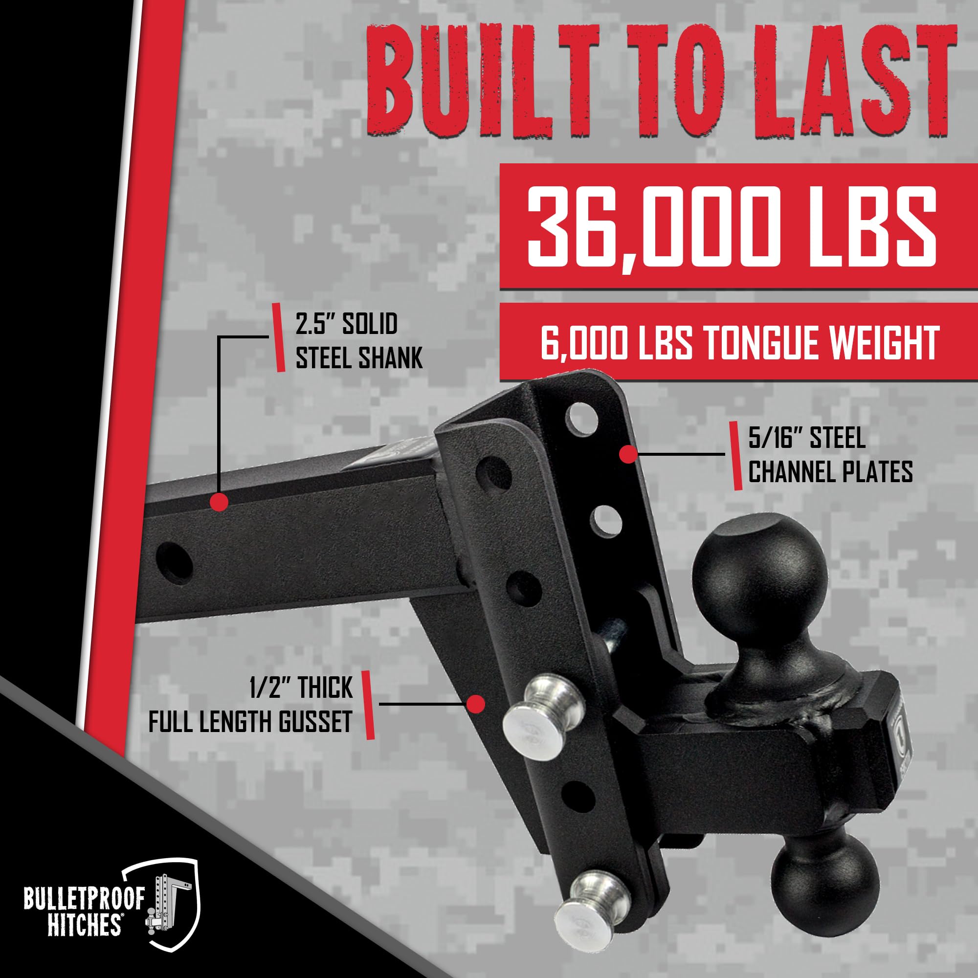2.5" BulletProof Hitches Adjustable Extreme Duty Trailer Hitch (36,000 lb. Rating) - 4" Drop/Rise with 2" and 2 5/16" Dual Ball - Powder Coat, Solid Steel, Corrosion-Resistant