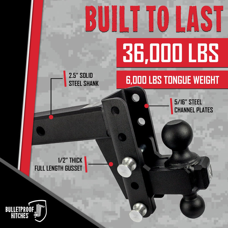 2.5" BulletProof Hitches Adjustable Extreme Duty Trailer Hitch (36,000 lb. Rating) - 4" Drop/Rise with 2" and 2 5/16" Dual Ball - Powder Coat, Solid Steel, Corrosion-Resistant