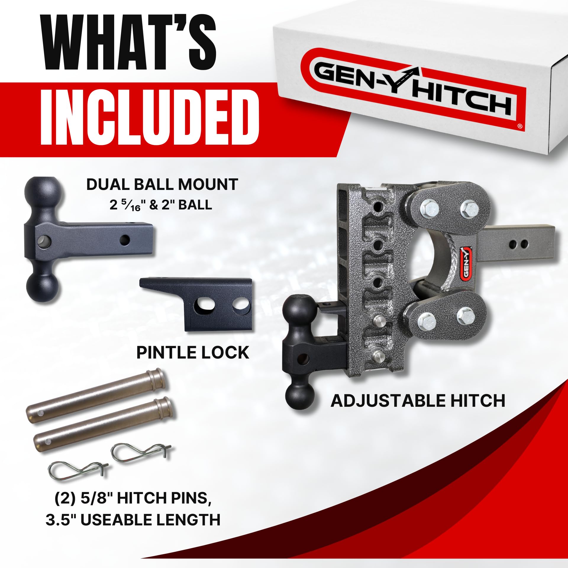 GEN-Y Heavy Duty Hitch Tow for 2.5" Receiver - 7.5" Drop/Rise with 5 Adjustable Positions, Includes Dual Ball Mount, Pintle Lock and Pins, 10,000 lbs Towing Capacity, 1,100 lbs Tongue Weight