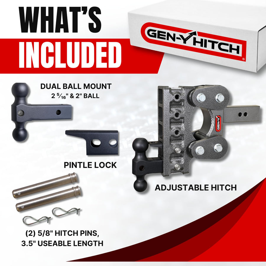 GEN-Y Heavy Duty Hitch Tow for 2.5" Receiver - 7.5" Drop/Rise with 5 Adjustable Positions, Includes Dual Ball Mount, Pintle Lock and Pins, 10,000 lbs Towing Capacity, 1,100 lbs Tongue Weight