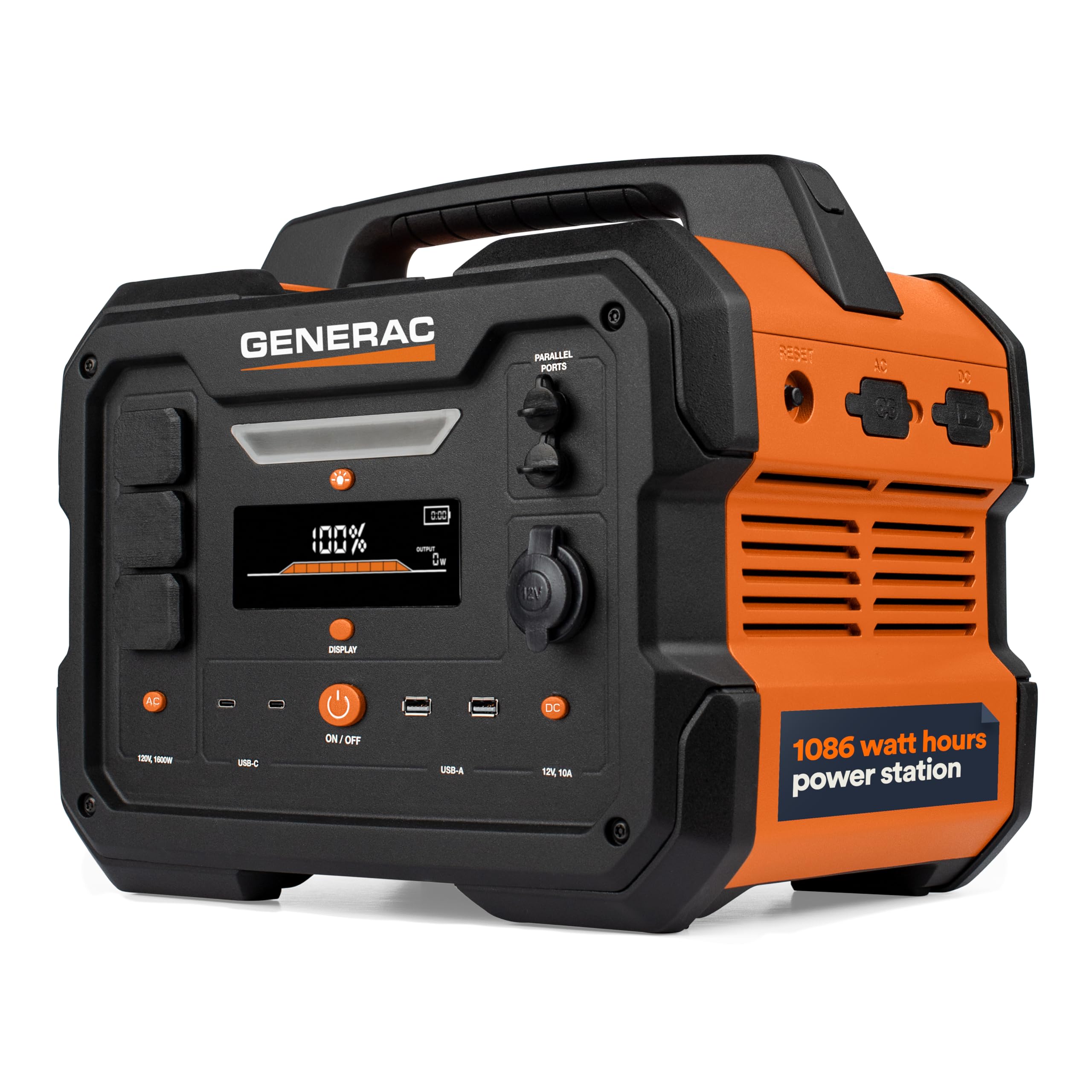 Portable Power Station Generac 1086Wh with Lithium-Ion Battery - Clean, Emission-Free Power - Wirless Charging Pad and Compact Design - Camping, RV, Indoor/Outdoor Use - Orange/Black
