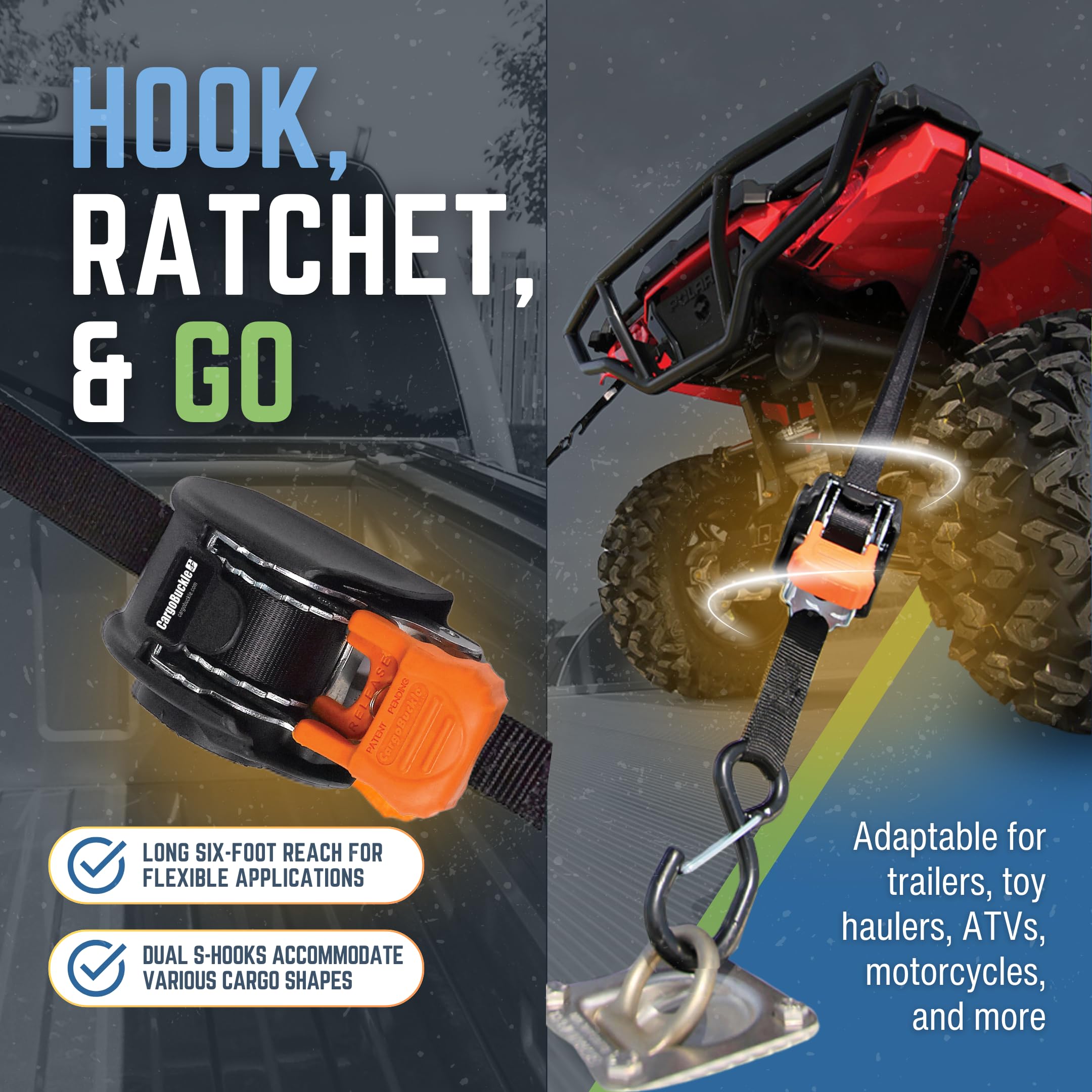 Mini G3 CargoBuckle Retractable Ratchet Straps with Dual S-Hooks, 1400 lbs Break Strength, 1-Inch Width X 6 ft Reach, Auto Ratchet Straps for Trailers, Toy Haulers, ATVs, and Motorcycles - 2 Pack