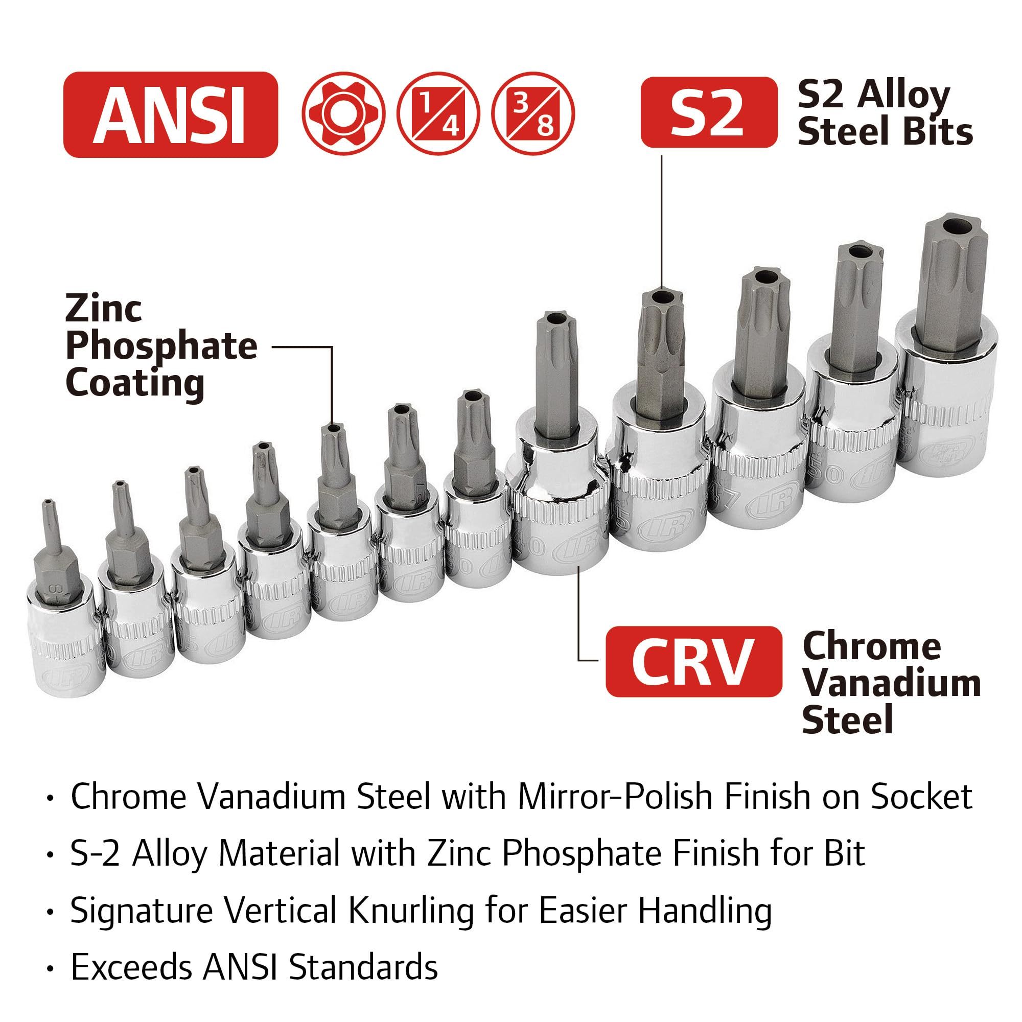 12-Piece Ingersoll Rand Tamper-Proof Torx Bit Socket Set – 1/4" Drive (TT8–TT30) & 3/8" Drive (TT40–TT55), Industrial-Grade S2 Steel, Mirror-Polished Chrome Vanadium Sockets, Thermoform Tray – 752031