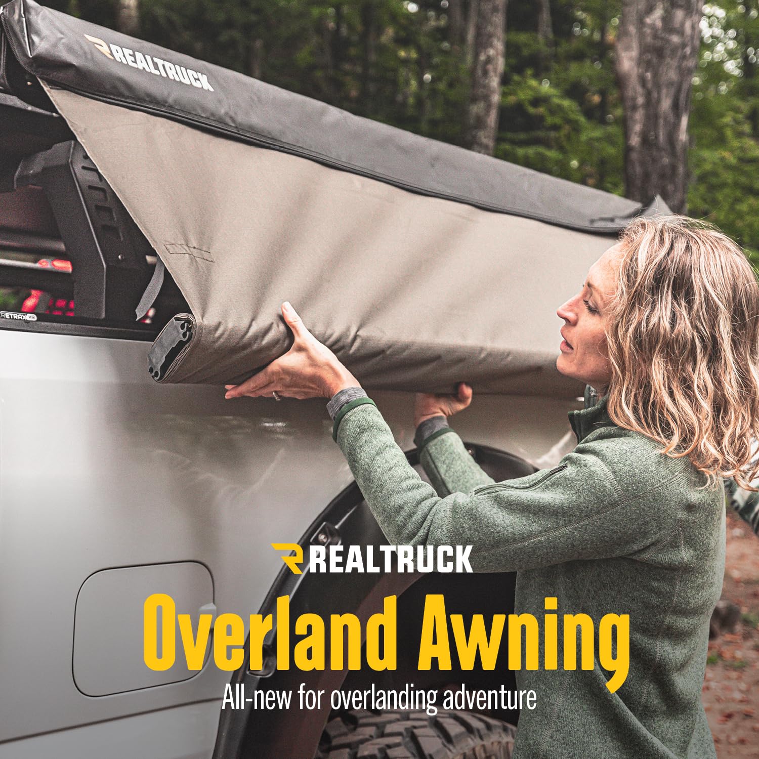 Overland Awning RealTruck | 6.5' Wide x 8.2' Deep, Telescoping Aluminum Support Posts, Mounts to Universal T-Slot Channel, Quick & Easy Setup | OL-103