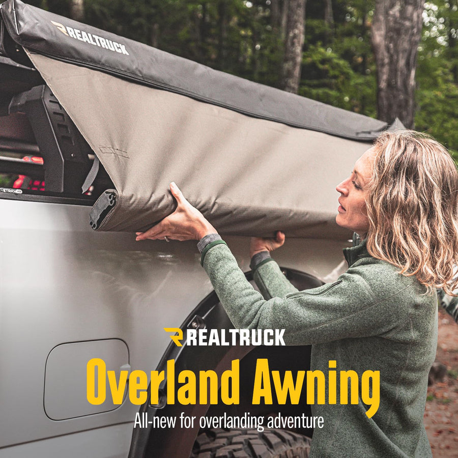 Overland Awning RealTruck | 6.5' Wide x 8.2' Deep, Telescoping Aluminum Support Posts, Mounts to Universal T-Slot Channel, Quick & Easy Setup | OL-103