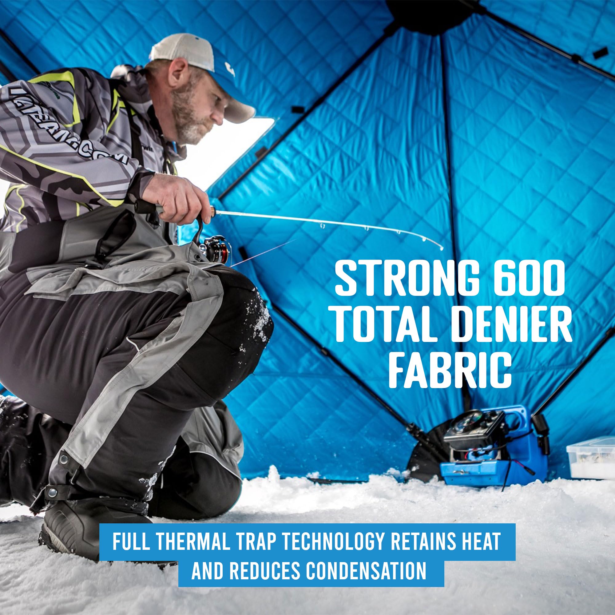 Portable CLAM C-890 Ice Fishing Tent - 11.5x11.5 ft Thermal Hub Shelter with Easy Setup Anchors, Durable Tie Ropes & Carry Bag
