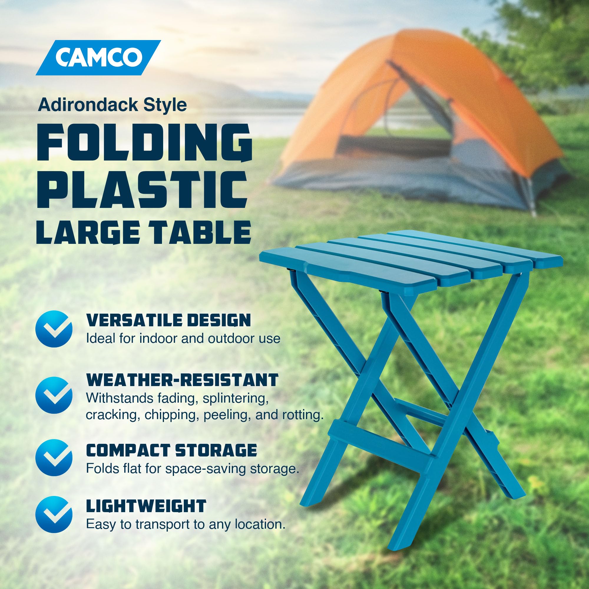 Camco Aqua Adirondack Large Portable Outdoor Folding Side Table-Perfect for The Beach, Camping, Picnics, Cookouts and More-Weatherproof and Rust Resistant (21036)