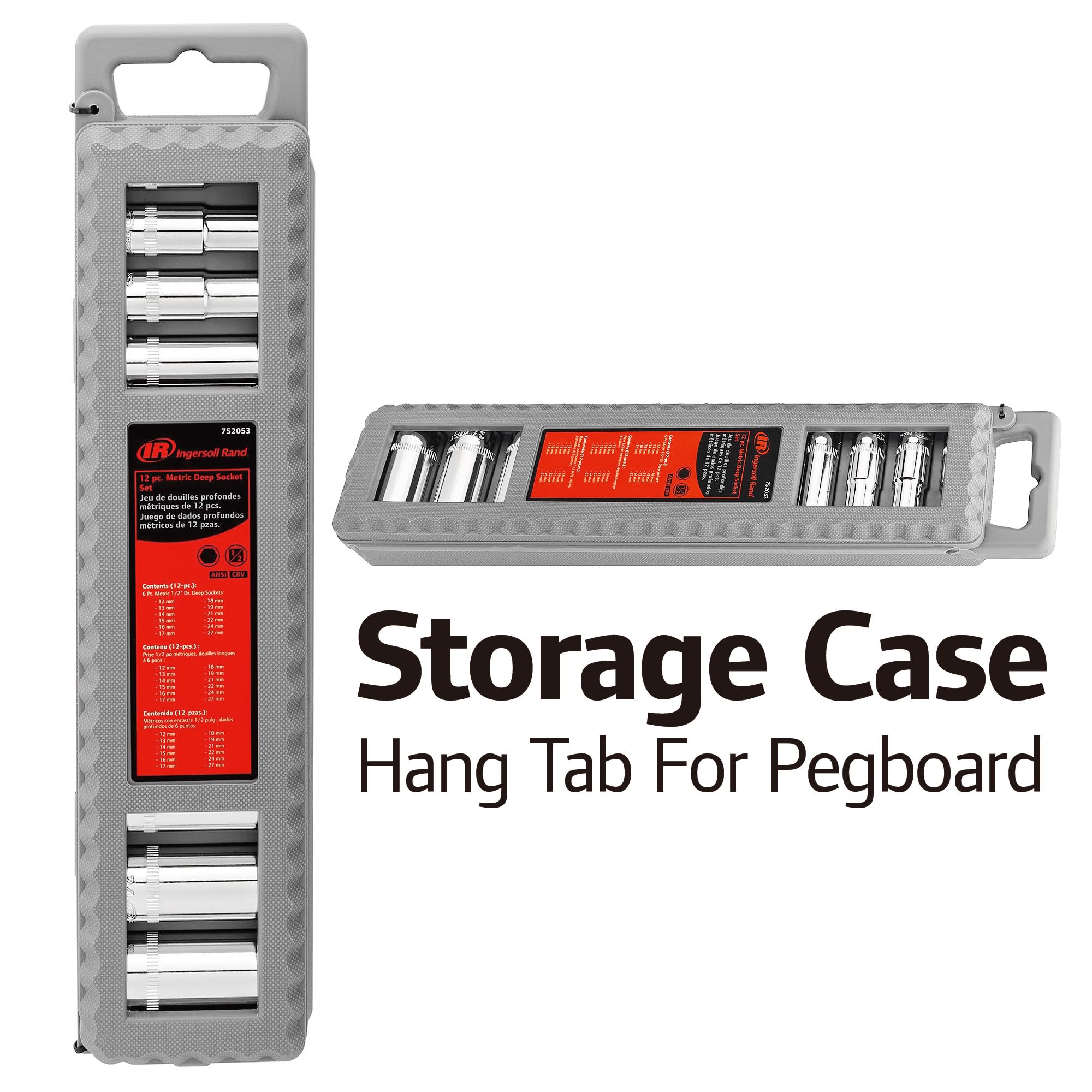 12-Piece Ingersoll Rand 1/2-Inch Drive Metric Deep Socket Set, Sizes 12mm to 27mm, 6-Point, Chrome Vanadium Steel, Mirror-Polished Finish, Includes Storage Case - 752053