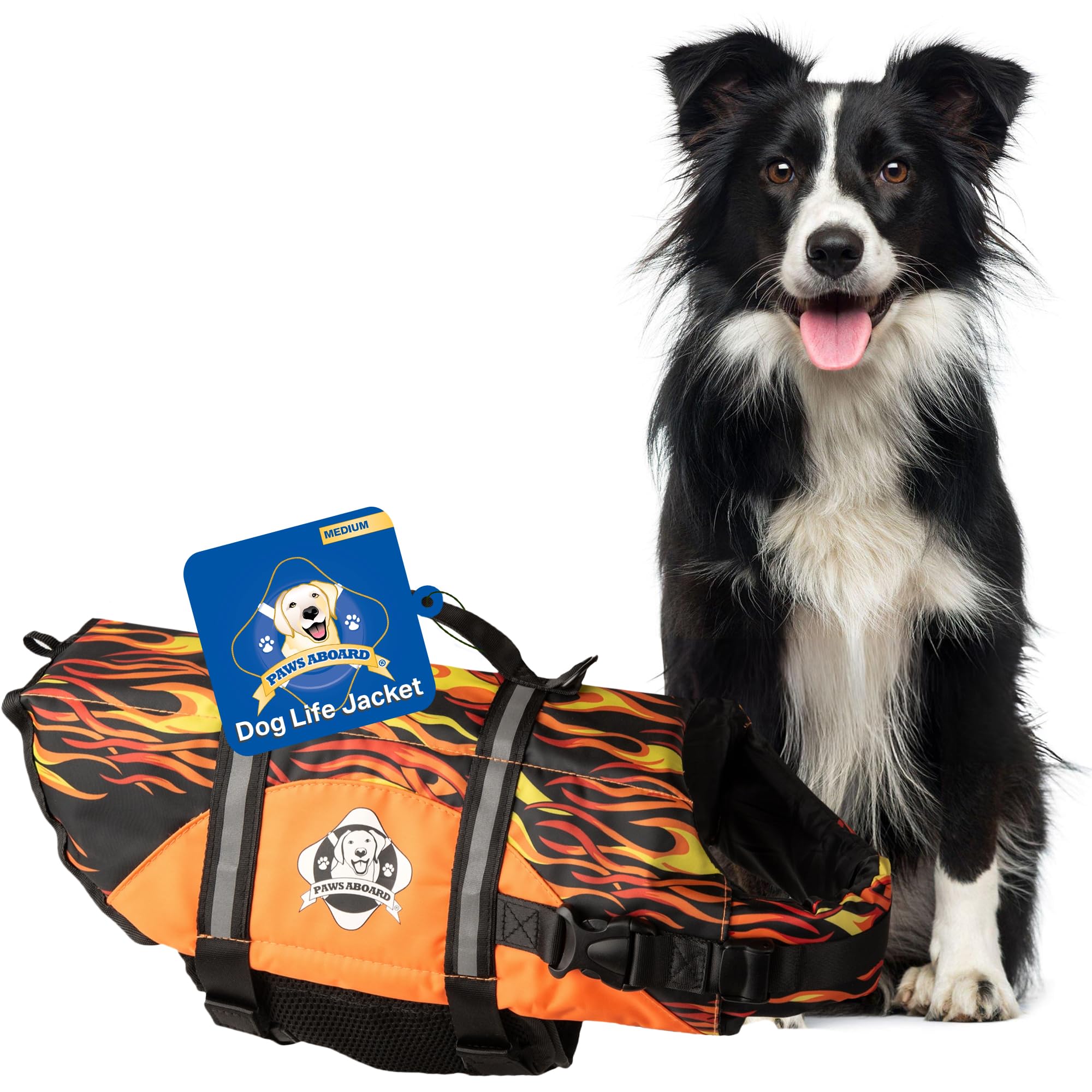 Dog Life Jacket Paws Aboard - Swimming Vest for Dogs, Adjustable, Reflective, Comfortable, Multiple Colors, Patterns, XX-Small to Extra Large Dog Swim Vest with Handle (Racing Flames, Medium)