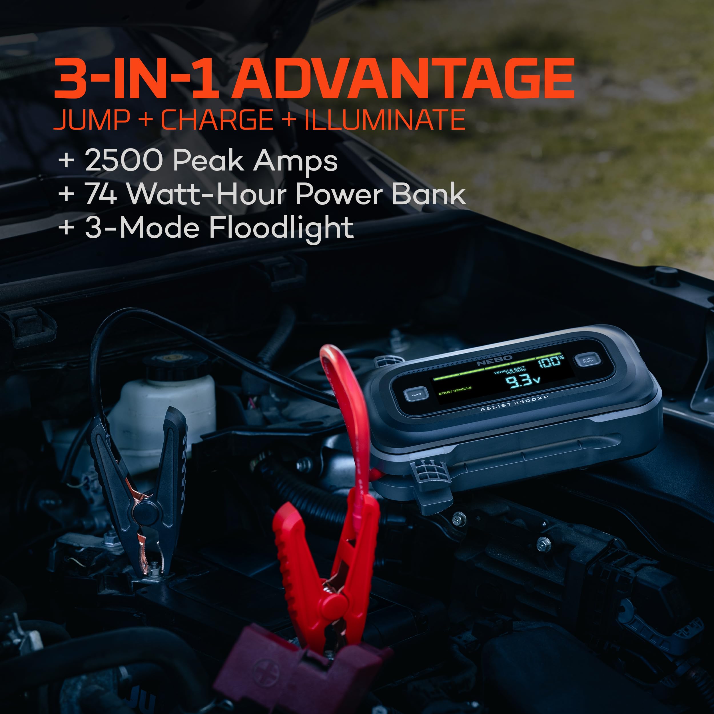2500XP+ NEBO Assist Jump Starter | 3-in-1 2500 Amps Jump Starter, Charger, Illuminated Floodlight, USB Compatible, Automotive, Emergency, Spark-Proof Safety