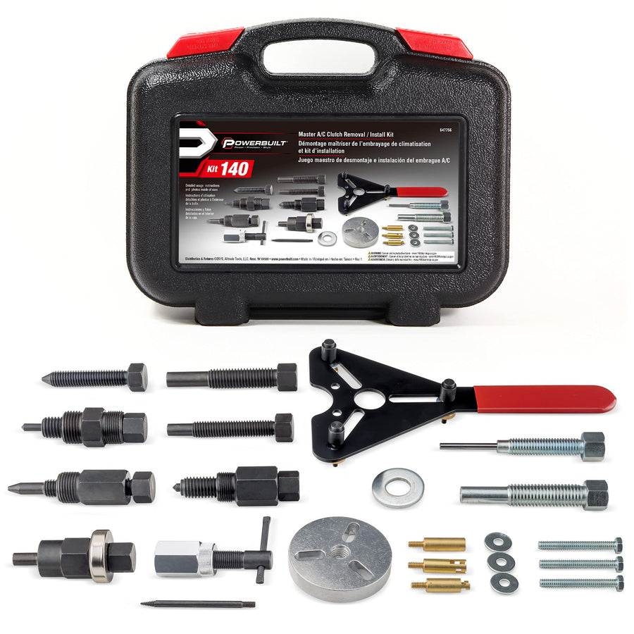 Powerbuilt AC Clutch Removal & Installation Master Tool Kit, Service Automotive AC Compressor Clutches, Holding Tool, Installer, Remover - 647756, Black, 23 Piece