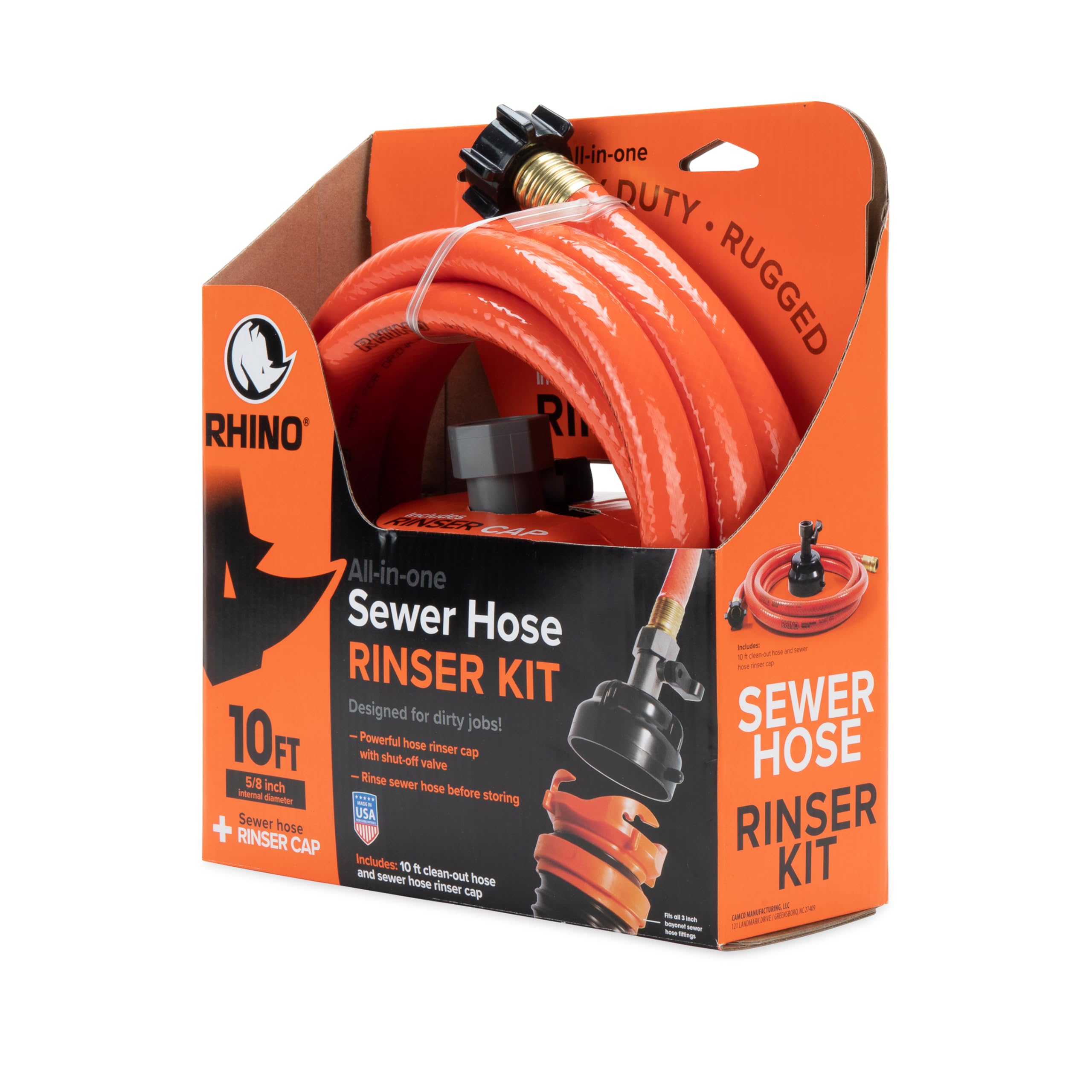 Camco 10-Ft RhinoFlex RV Clean-Out Gray/Black Water Hose with Rinser Cap | Features 4-Way Water Pressure Blaster & Water Shut-off Valve | Great for Cleaning Camper Black Water Tanks & More (22999)