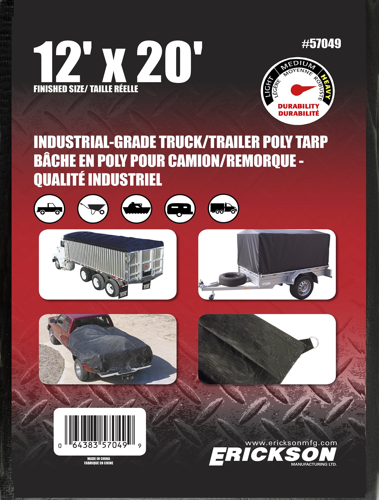 Black Erickson Industrial Grade Truck/Trailer Poly Tarp, 12' x 20', 1 Pack